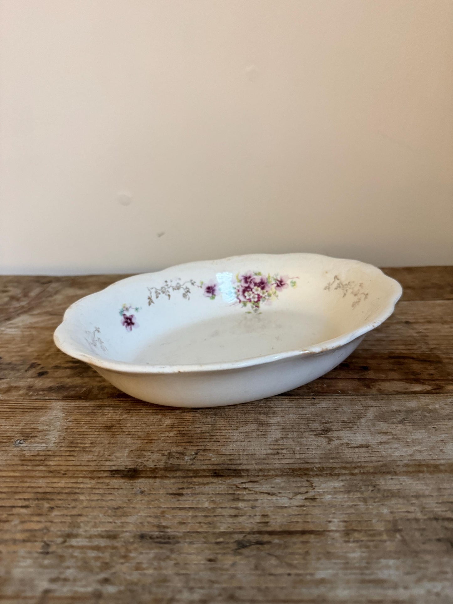 Antique White TST Taylor Smith Taylor Co. China Floral 9.25" Vegetable Dish Serving Piece Scalloped
