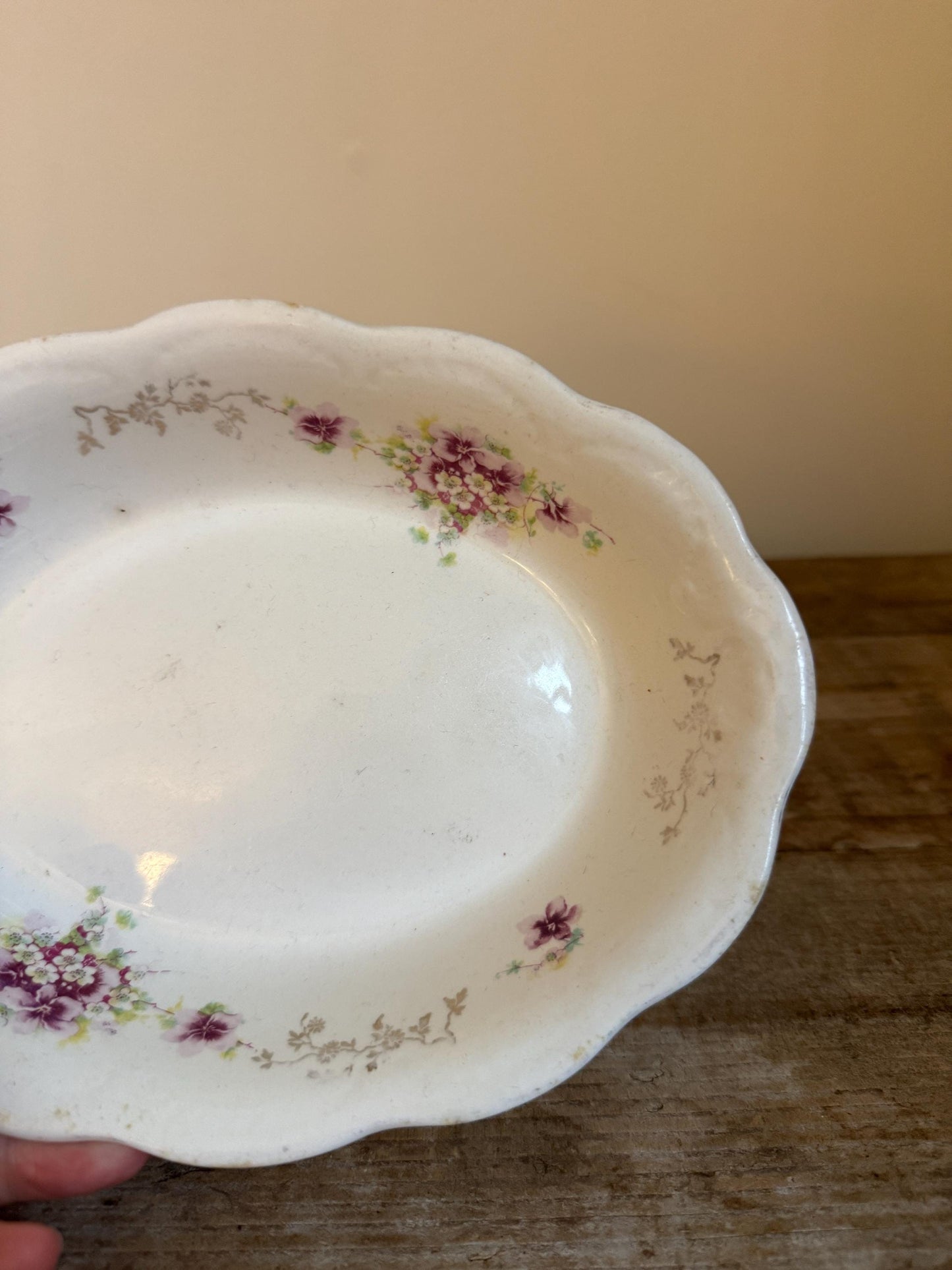 Antique White TST Taylor Smith Taylor Co. China Floral 9.25" Vegetable Dish Serving Piece Scalloped