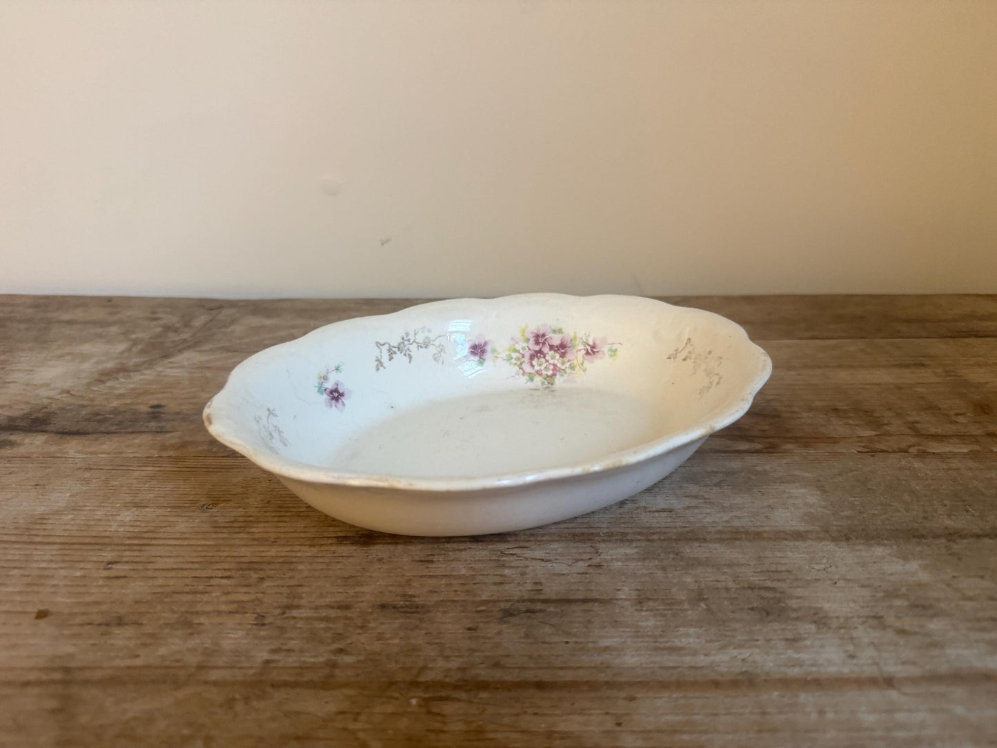 Antique White TST Taylor Smith Taylor Co. China Floral 9.25" Vegetable Dish Serving Piece Scalloped