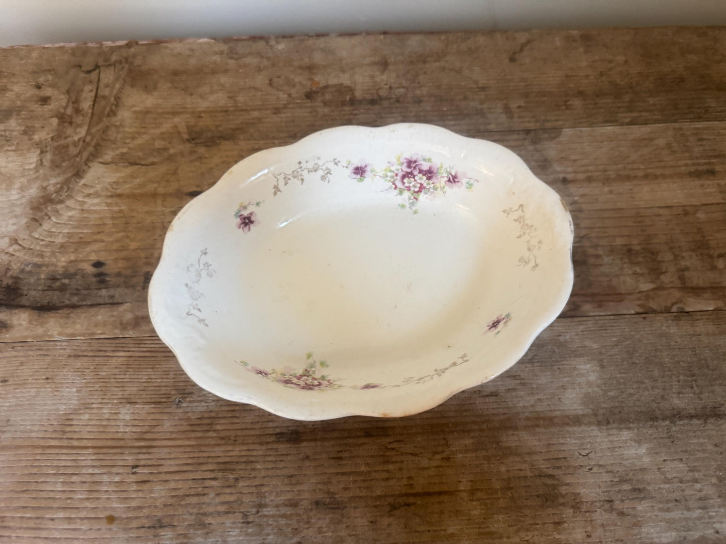 Antique White TST Taylor Smith Taylor Co. China Floral 9.25" Vegetable Dish Serving Piece Scalloped