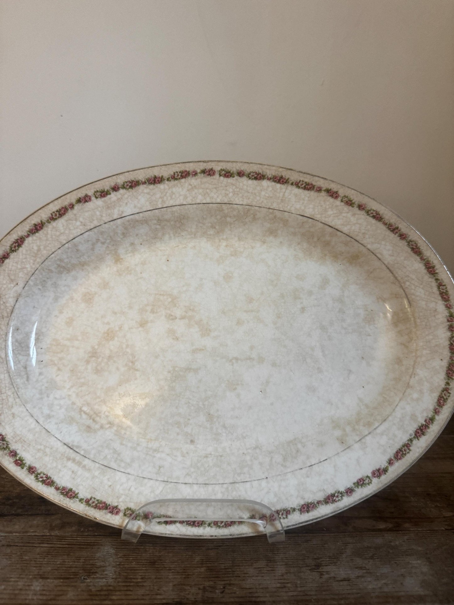 Antique Knowles Taylor Knowles KT&K Floral China Transferware Platter Distressed Crazed Plate Oval Dish