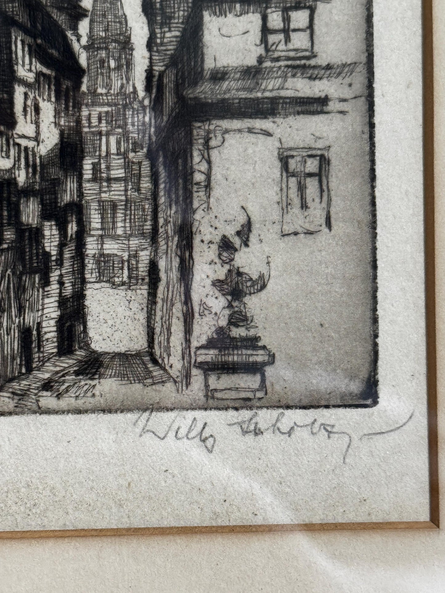 Antique Willy Scholz Etching Print: Dresden Frauenkirche, Pencil Signed Black Frame