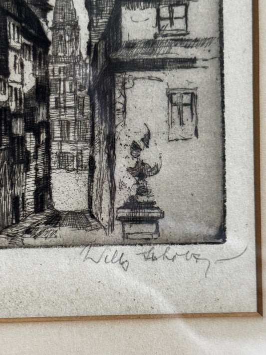 Antique Willy Scholz Etching Print: Dresden Frauenkirche, Pencil Signed Black Frame