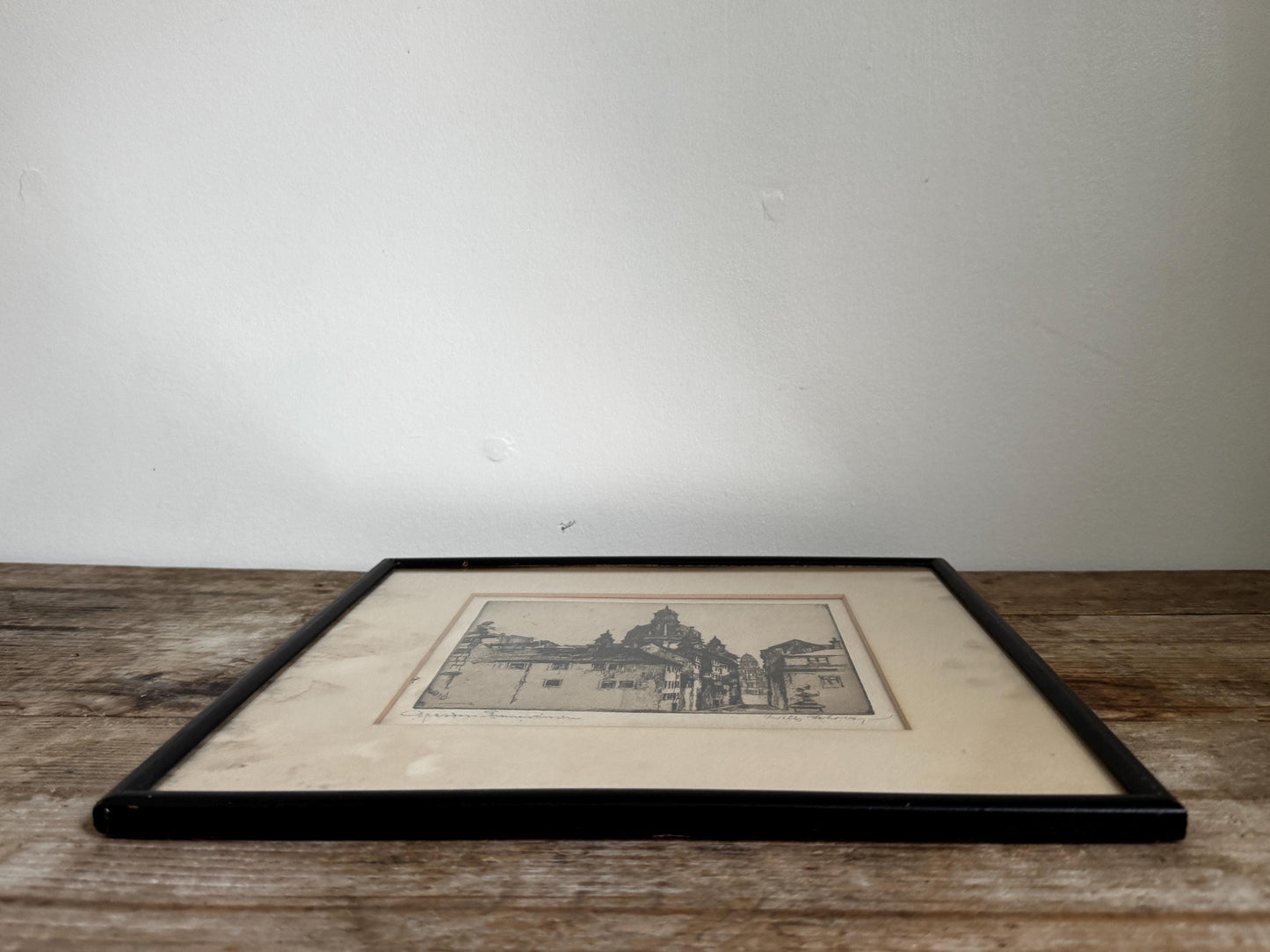 Antique Willy Scholz Etching Print: Dresden Frauenkirche, Pencil Signed Black Frame