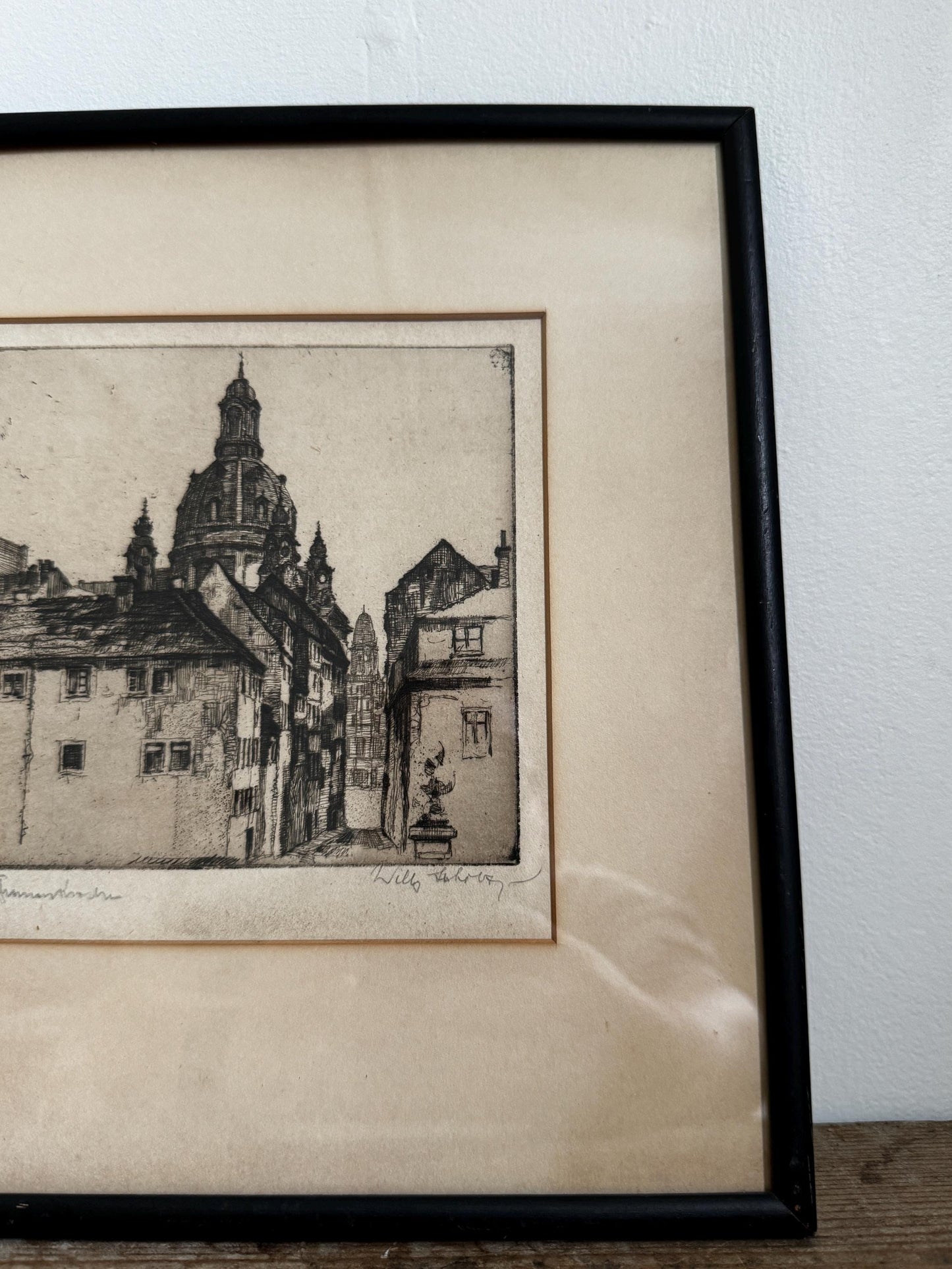 Antique Willy Scholz Etching Print: Dresden Frauenkirche, Pencil Signed Black Frame