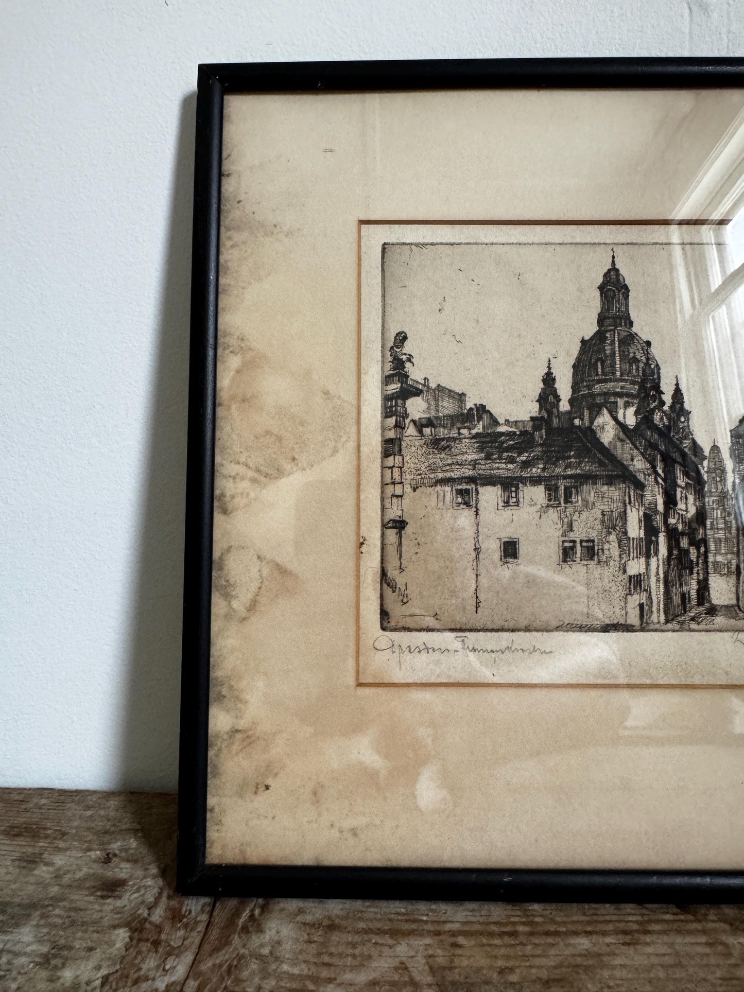 Antique Willy Scholz Etching Print: Dresden Frauenkirche, Pencil Signed Black Frame