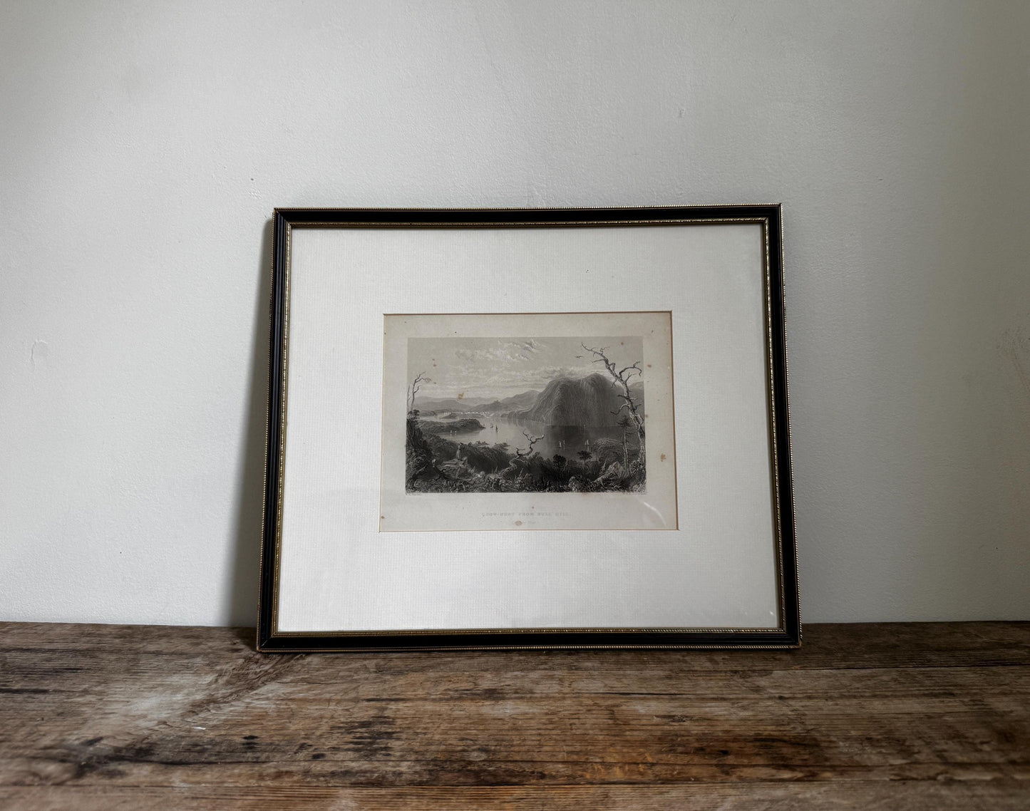 Antique Hudson River Engraving, Framed Black Gold Landscape Art