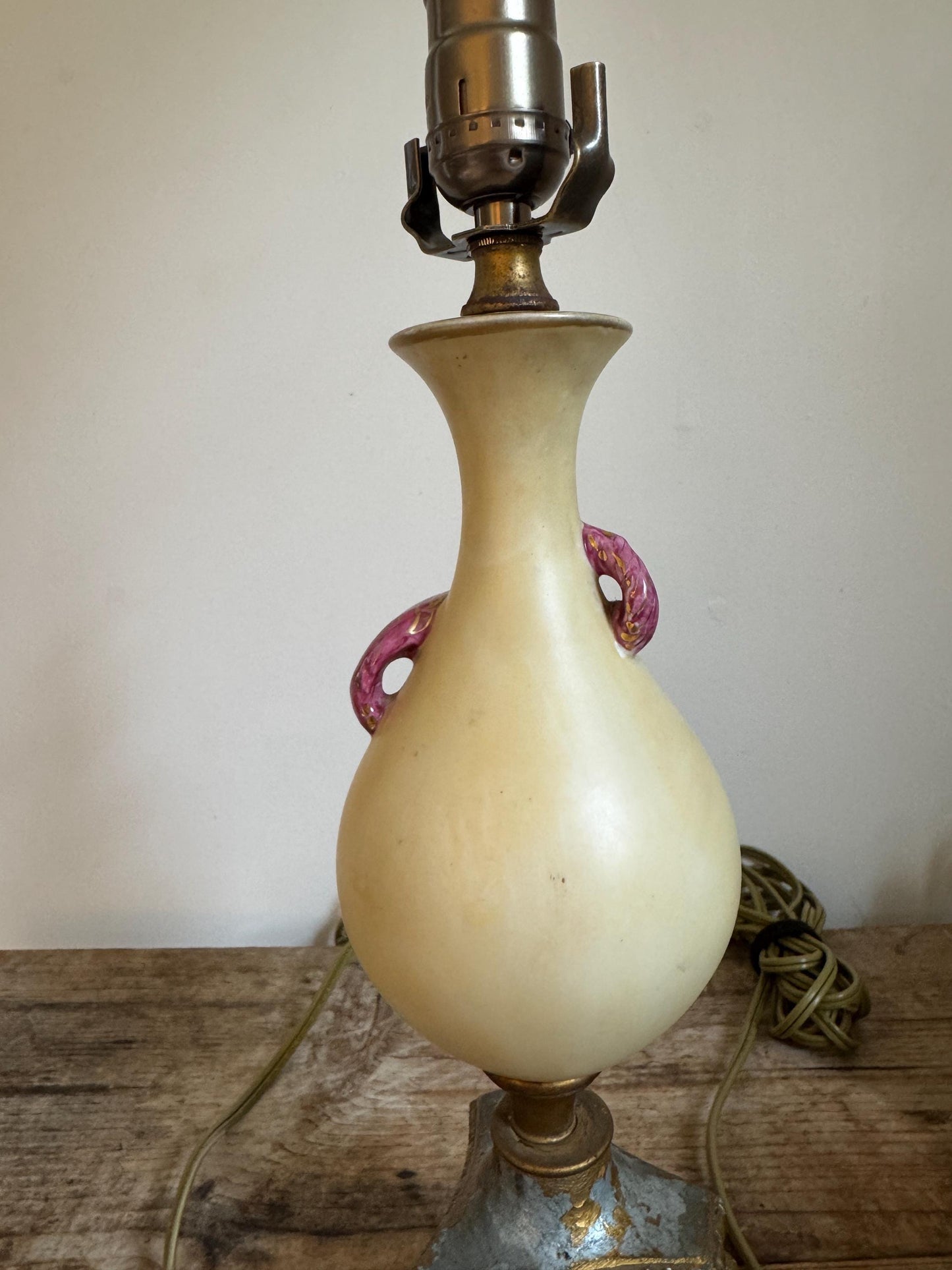 Antique Pair Chalkware Table Lamps Acanthus Leaf Relief Gilt Lion Mask Base