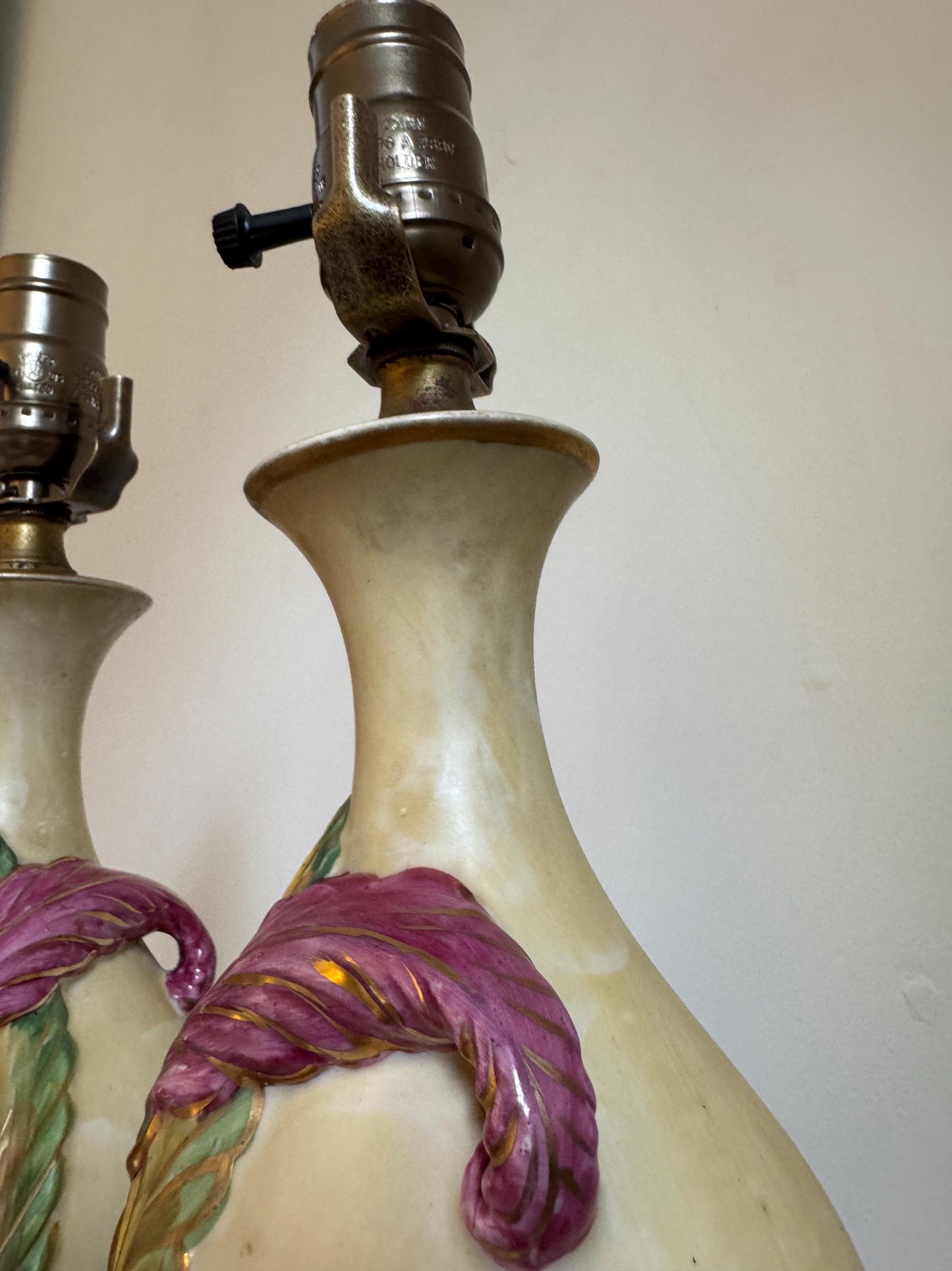 Antique Pair Chalkware Table Lamps Acanthus Leaf Relief Gilt Lion Mask Base