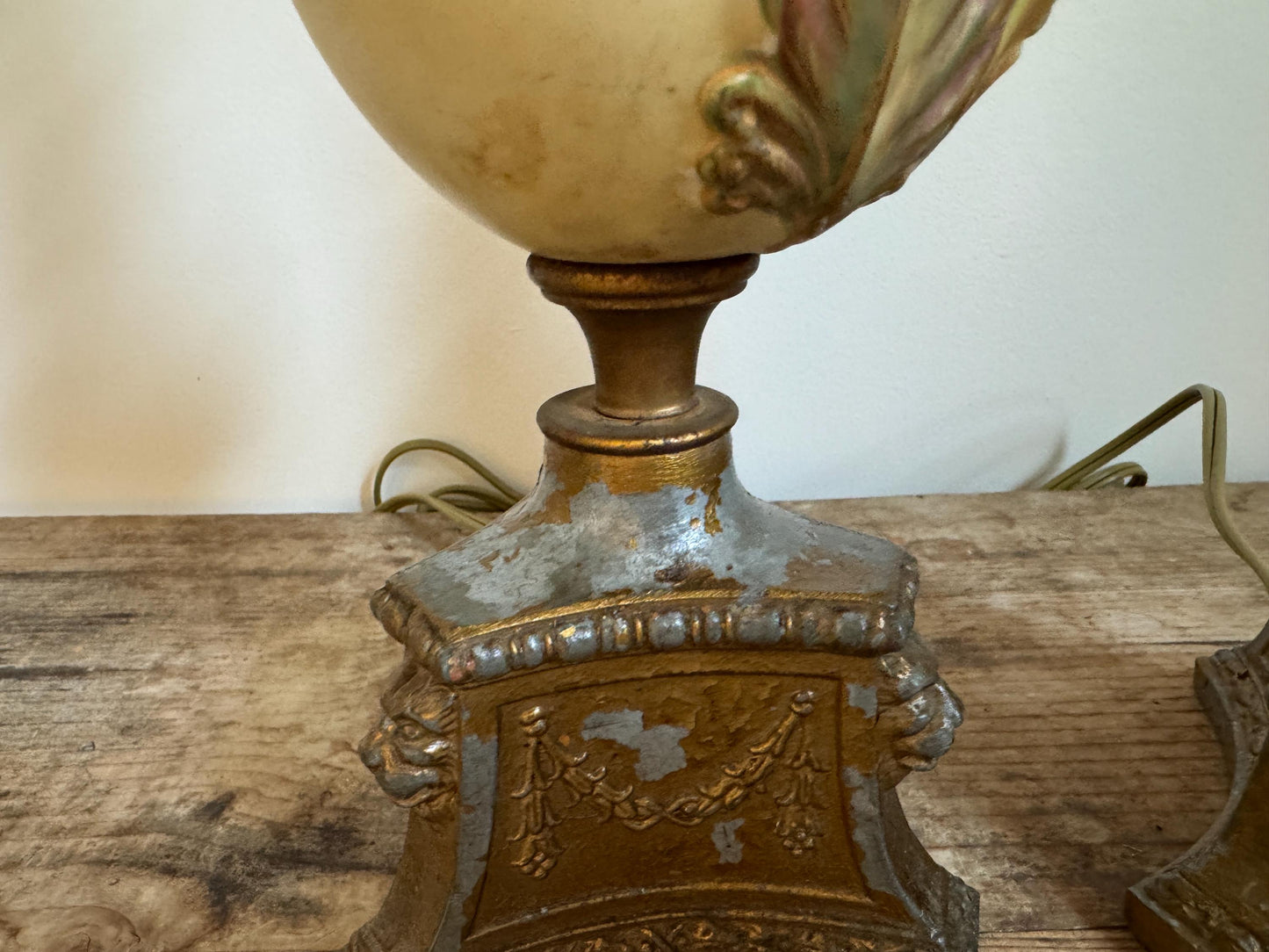 Antique Pair Chalkware Table Lamps Acanthus Leaf Relief Gilt Lion Mask Base