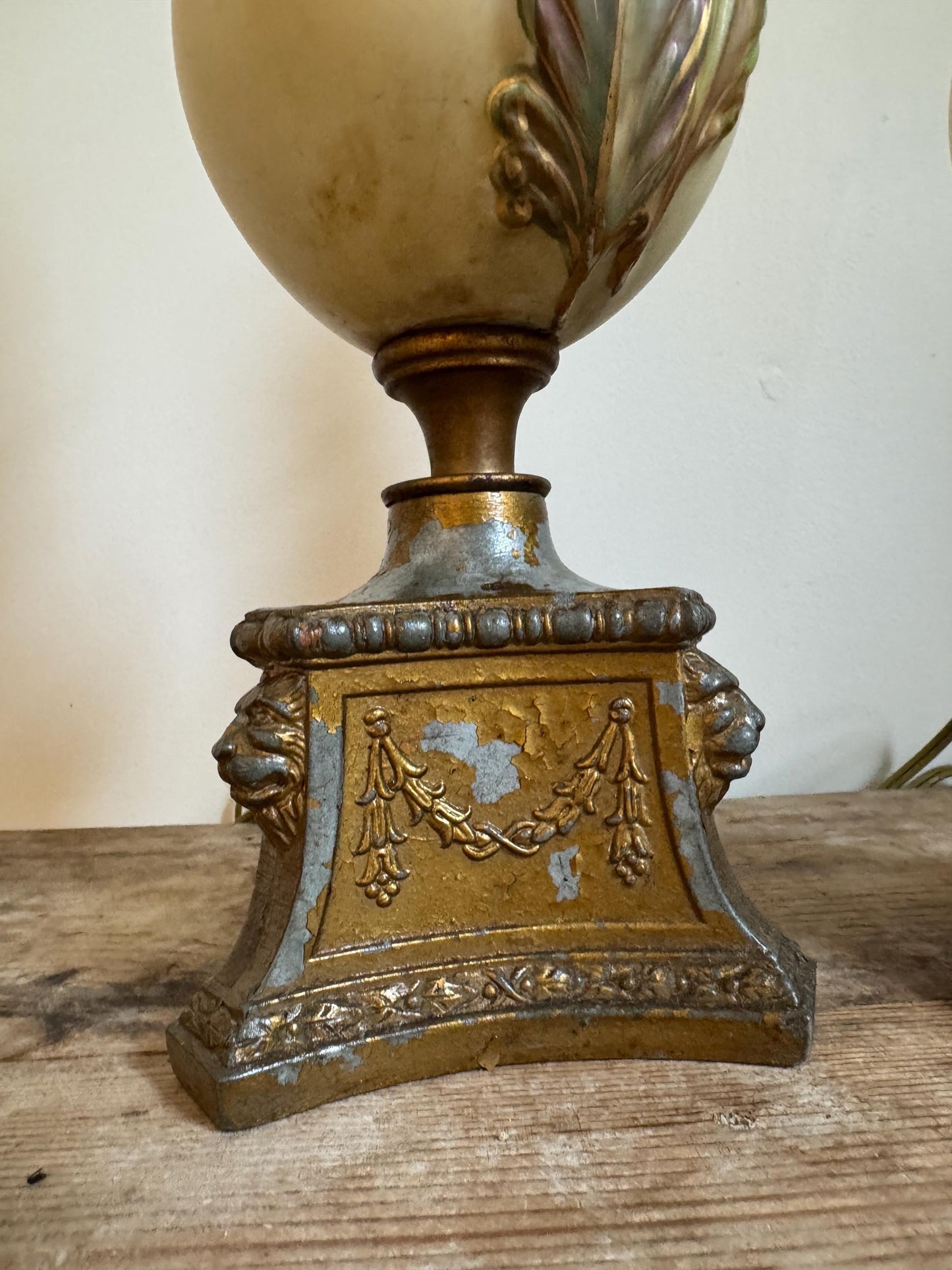 Antique Pair Chalkware Table Lamps Acanthus Leaf Relief Gilt Lion Mask Base