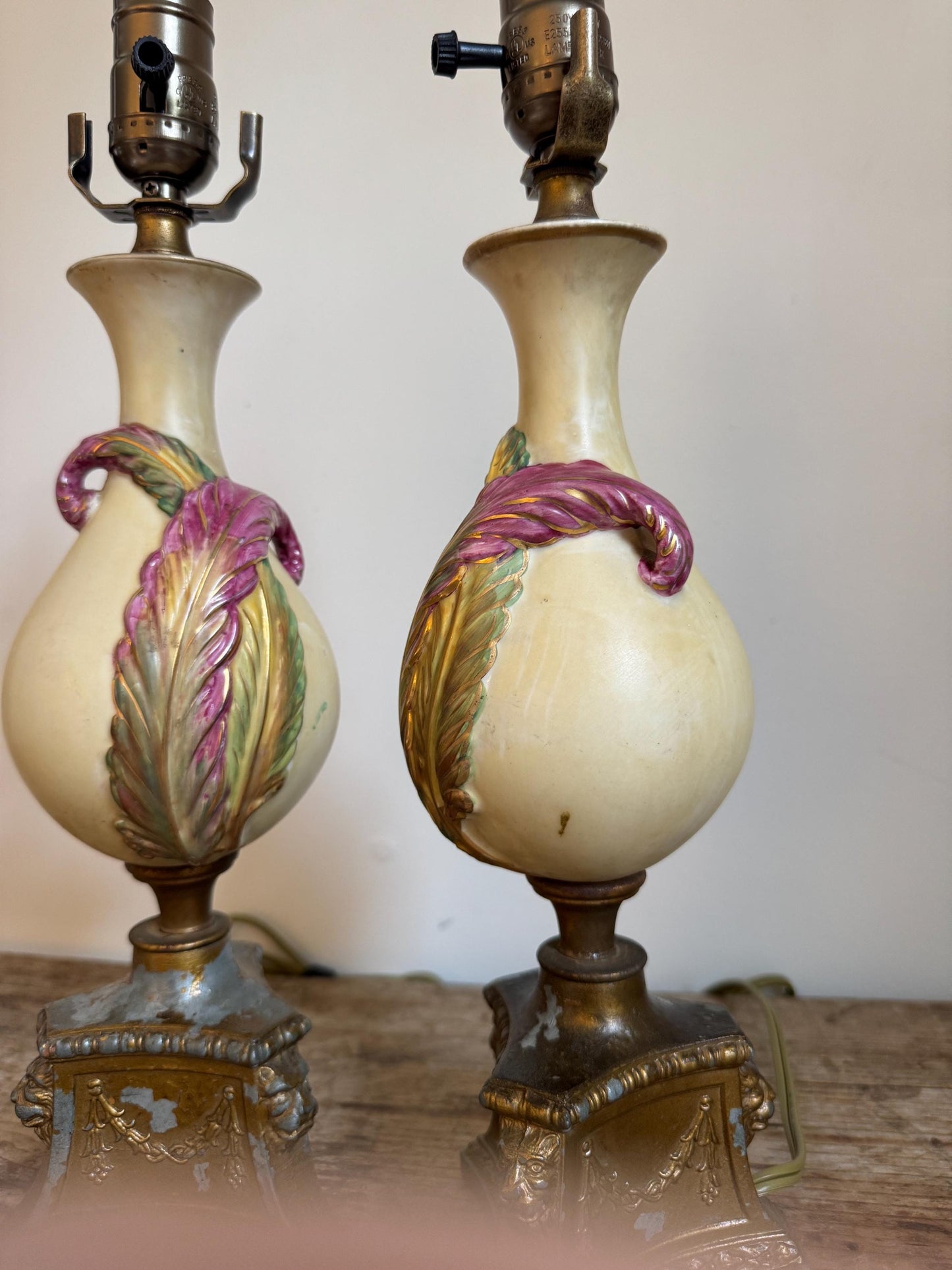 Antique Pair Chalkware Table Lamps Acanthus Leaf Relief Gilt Lion Mask Base