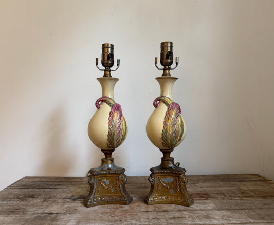Antique Pair Chalkware Table Lamps Acanthus Leaf Relief Gilt Lion Mask Base