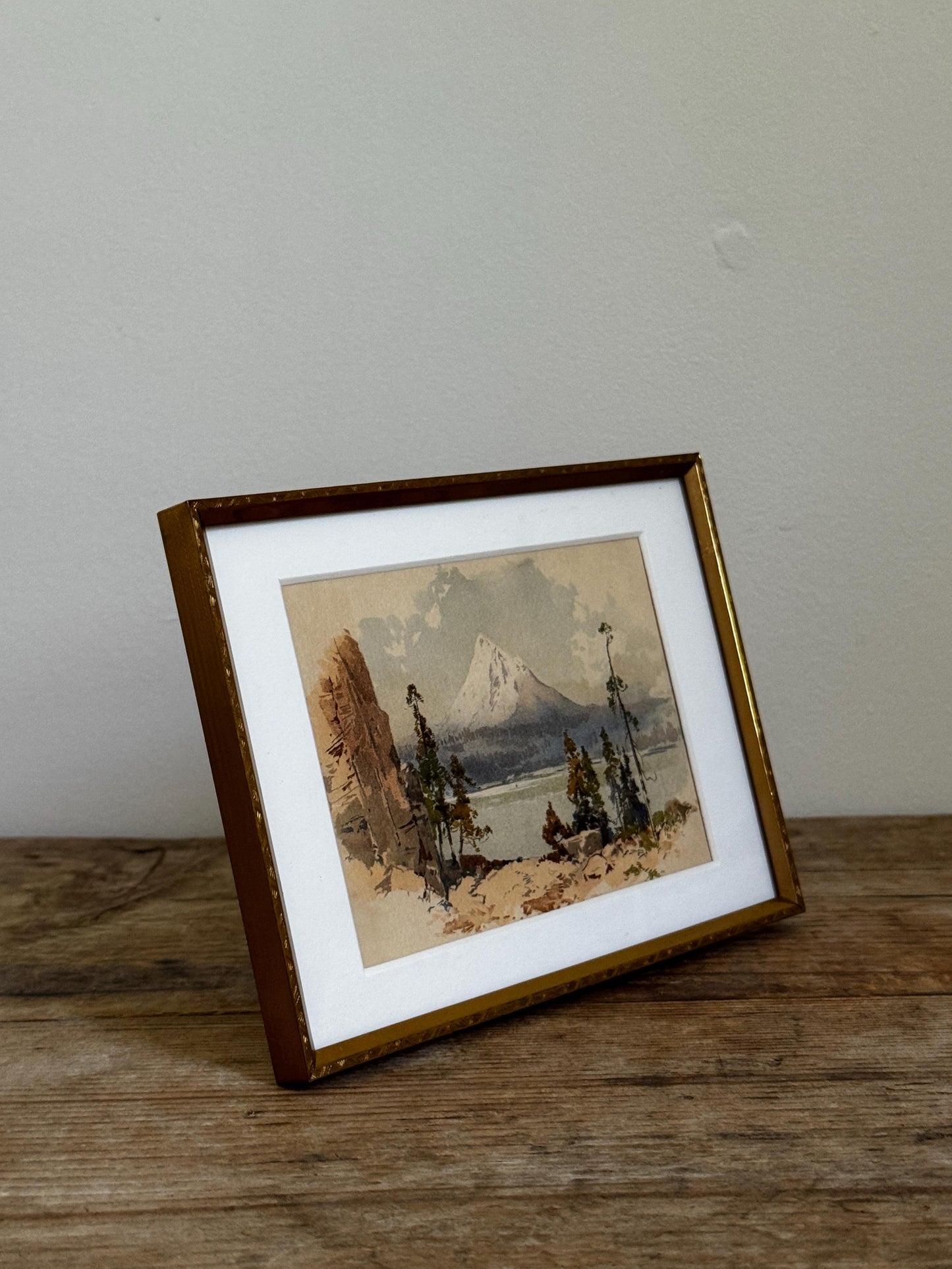 Vintage Gold Toned Metal 5x7" Frame With Matted Giclee Landscape Mountain Print