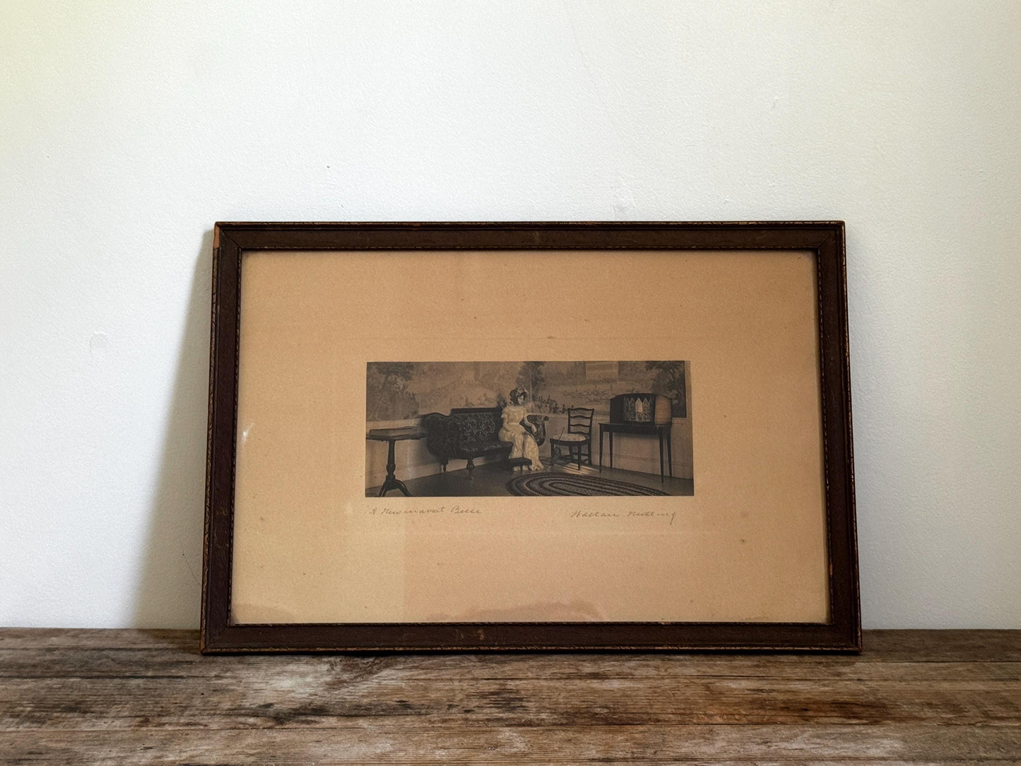 Antique Framed Walter Nutting A Newmarket Belle Framed Photograph Sepia Colonial Interior Scene Pencil Signed