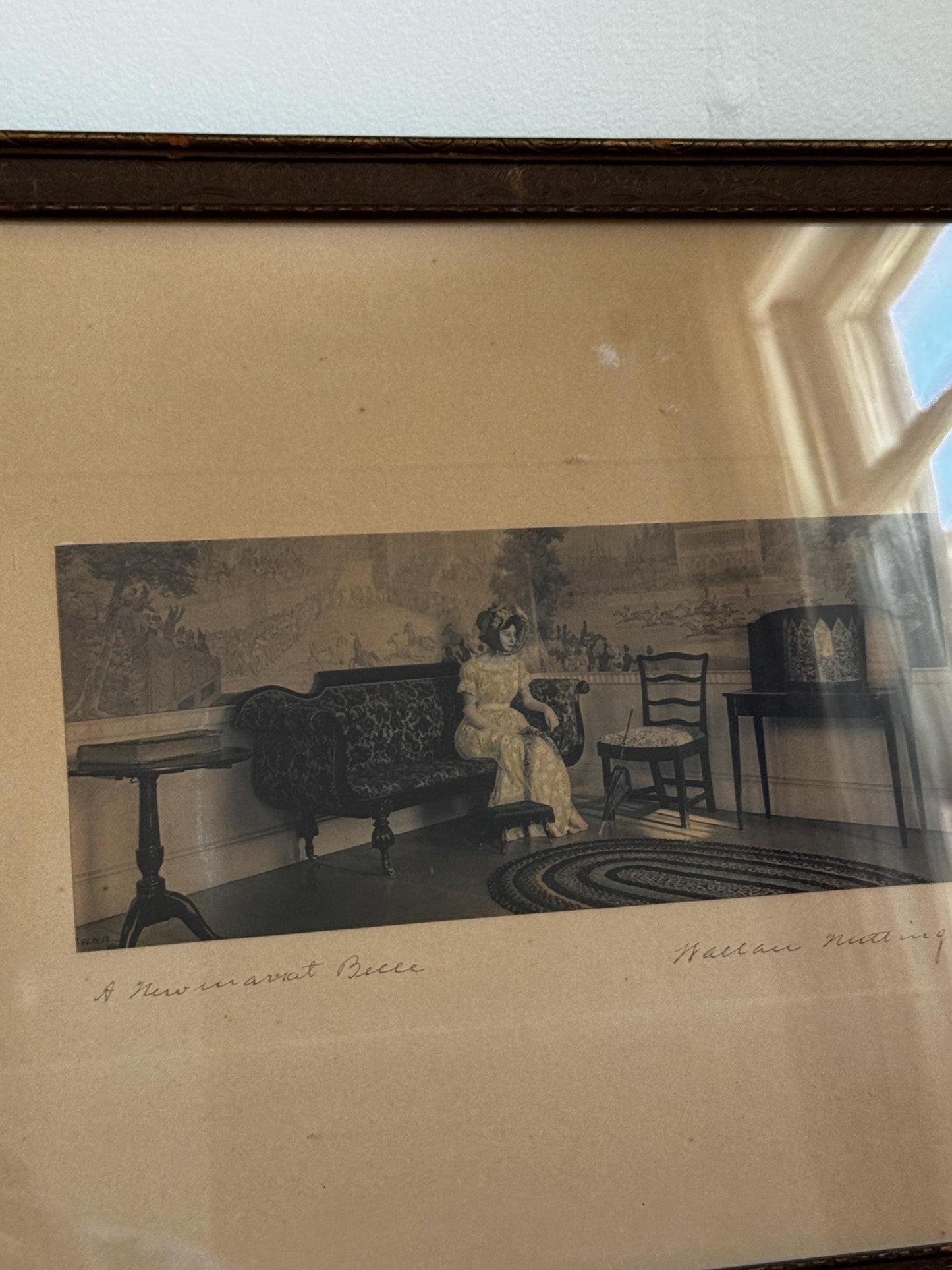 Antique Framed Walter Nutting A Newmarket Belle Framed Photograph Sepia Colonial Interior Scene Pencil Signed