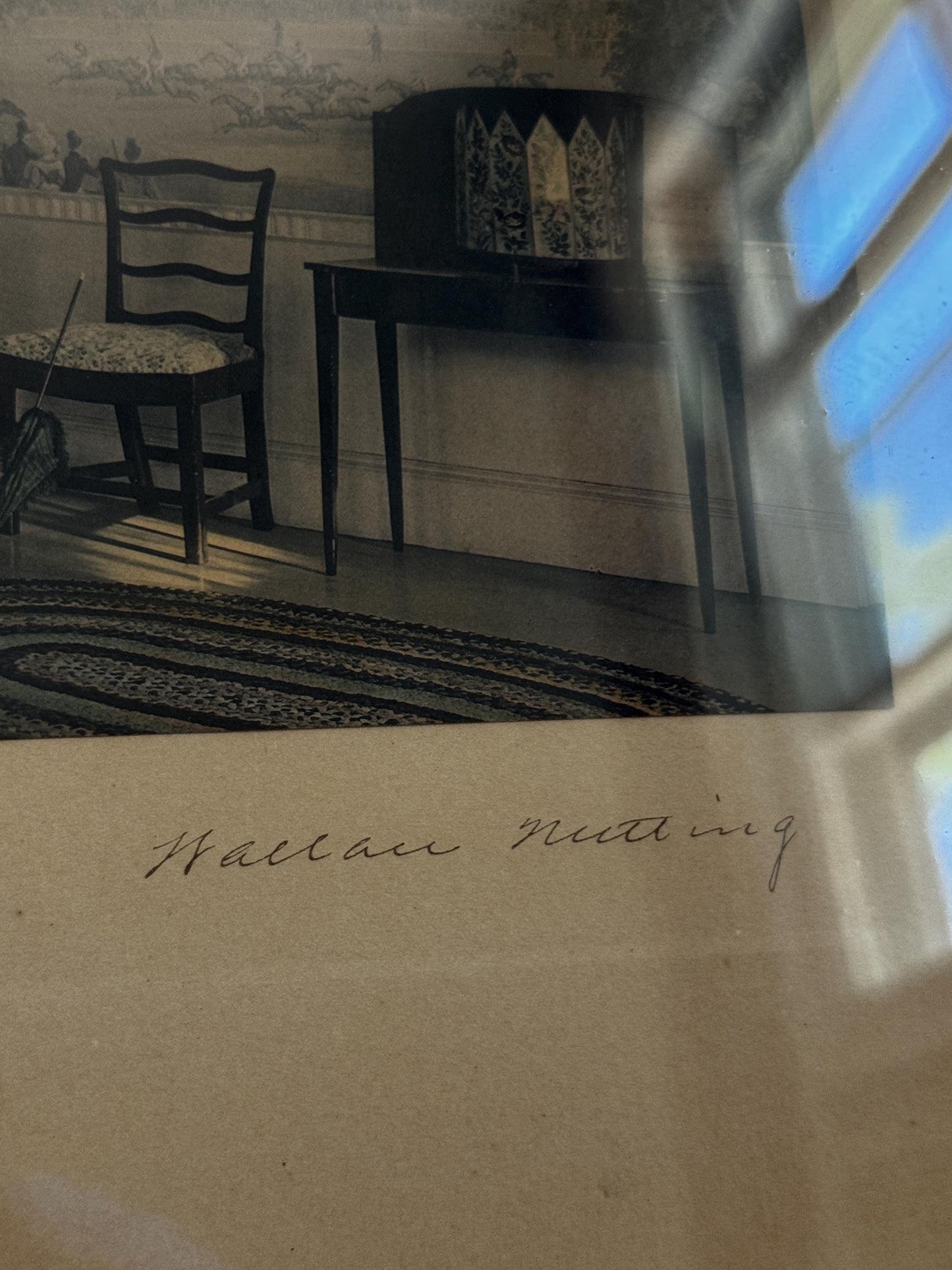 Antique Framed Walter Nutting A Newmarket Belle Framed Photograph Sepia Colonial Interior Scene Pencil Signed