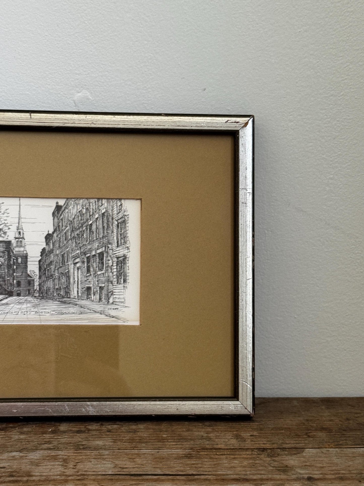 Vintage Silver Framed Old North Church Boston MA C.M. Goff Etching Mat Small Art