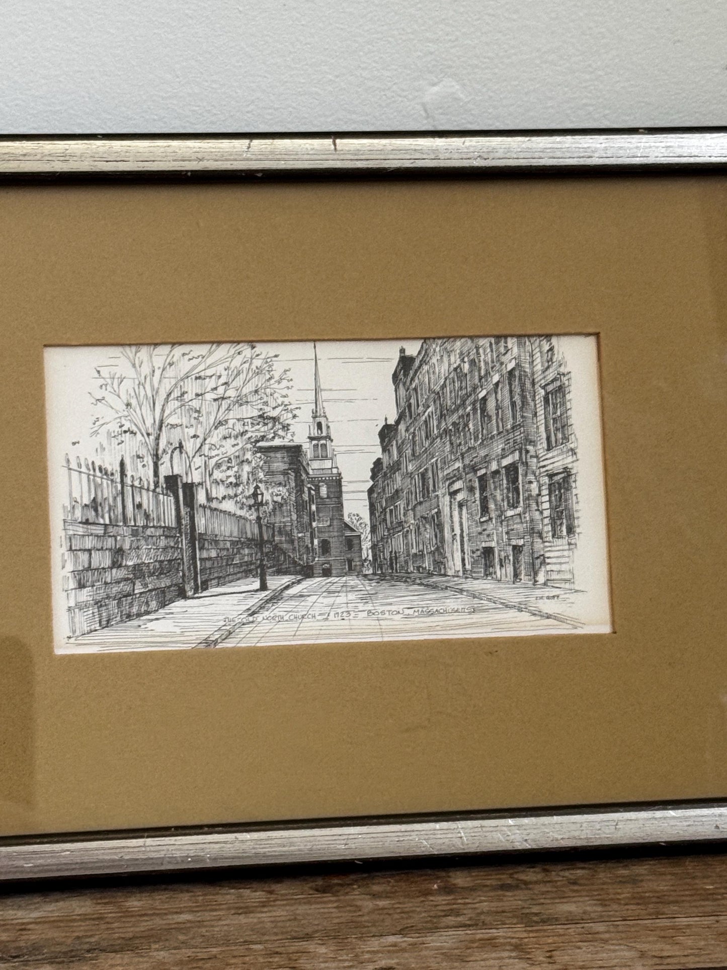 Vintage Silver Framed Old North Church Boston MA C.M. Goff Etching Mat Small Art