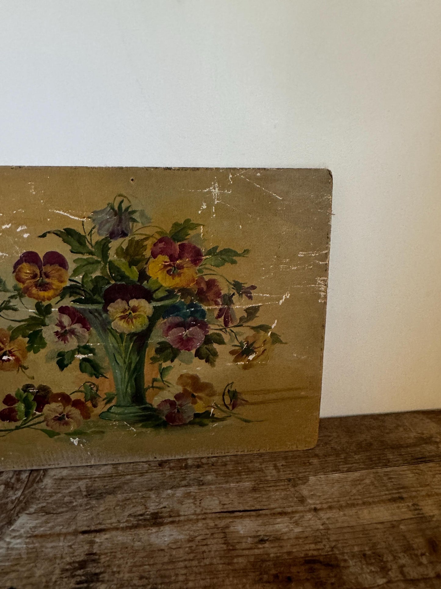 Antique Oil Painting on Panel Floral Pansies Still Life in Vase Unframed Hobby Painting Vintage Distressed Wall Art
