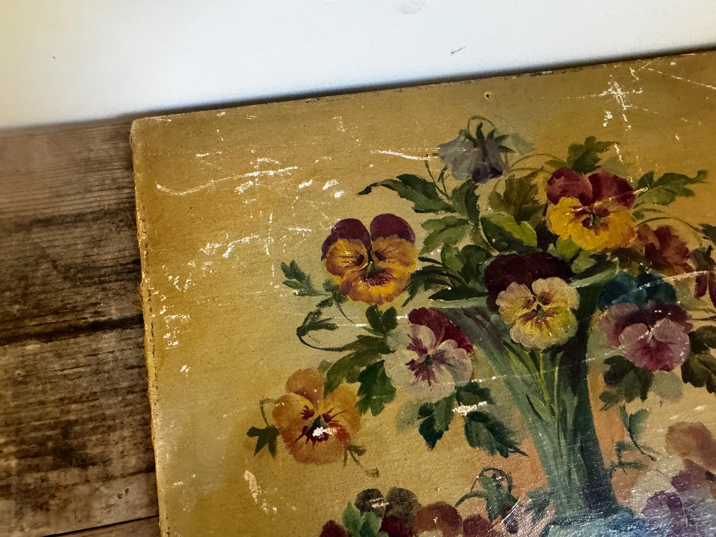 Antique Oil Painting on Panel Floral Pansies Still Life in Vase Unframed Hobby Painting Vintage Distressed Wall Art