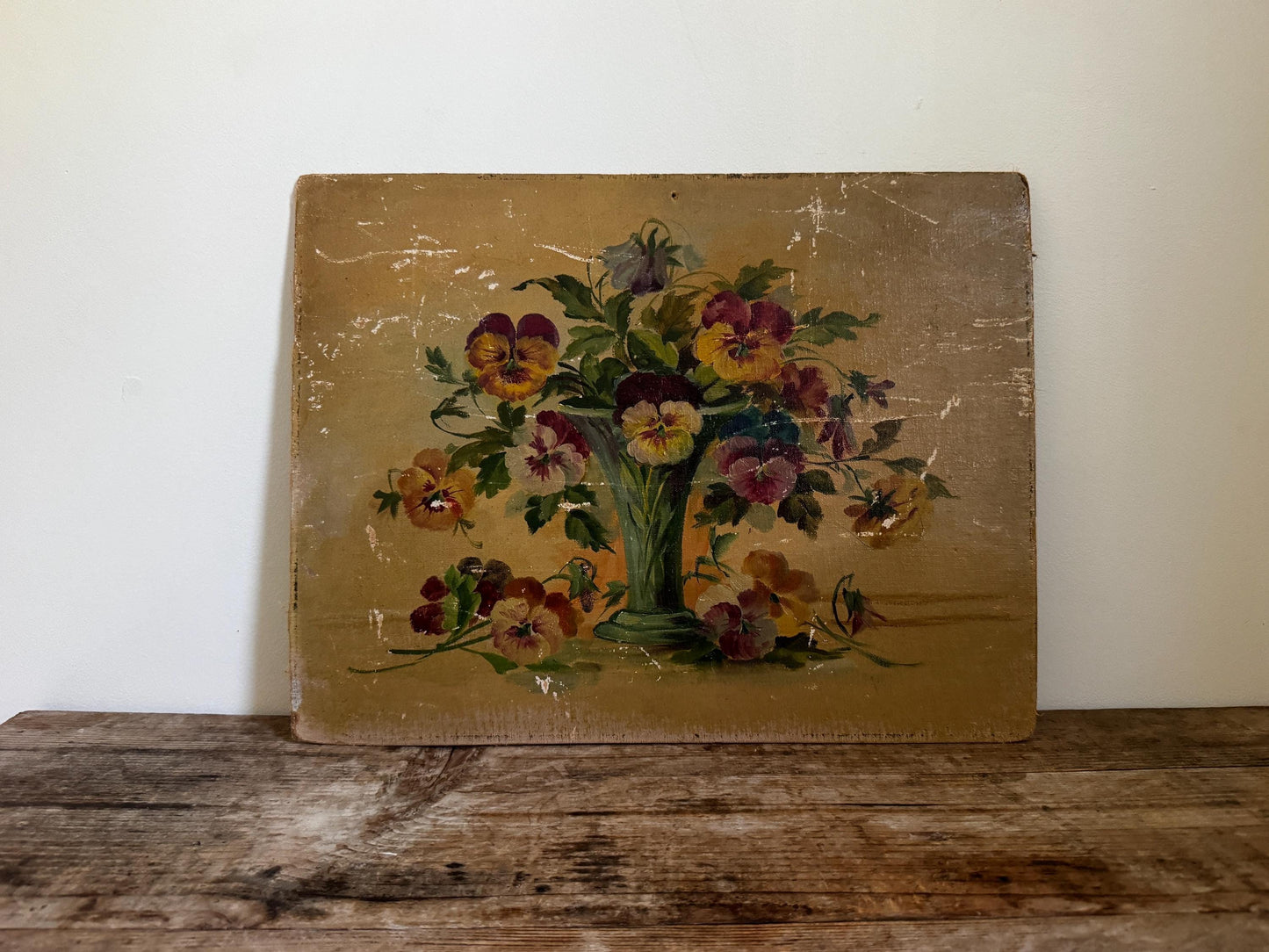 Antique Oil Painting on Panel Floral Pansies Still Life in Vase Unframed Hobby Painting Vintage Distressed Wall Art