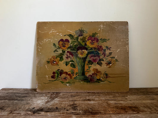 Antique Oil Painting on Panel Floral Pansies Still Life in Vase Unframed Hobby Painting Vintage Distressed Wall Art