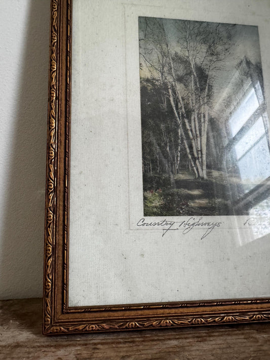 Antique Framed Hand-Tinted Photograph: Country Highways Scene by Burrowes, Pencil Signed