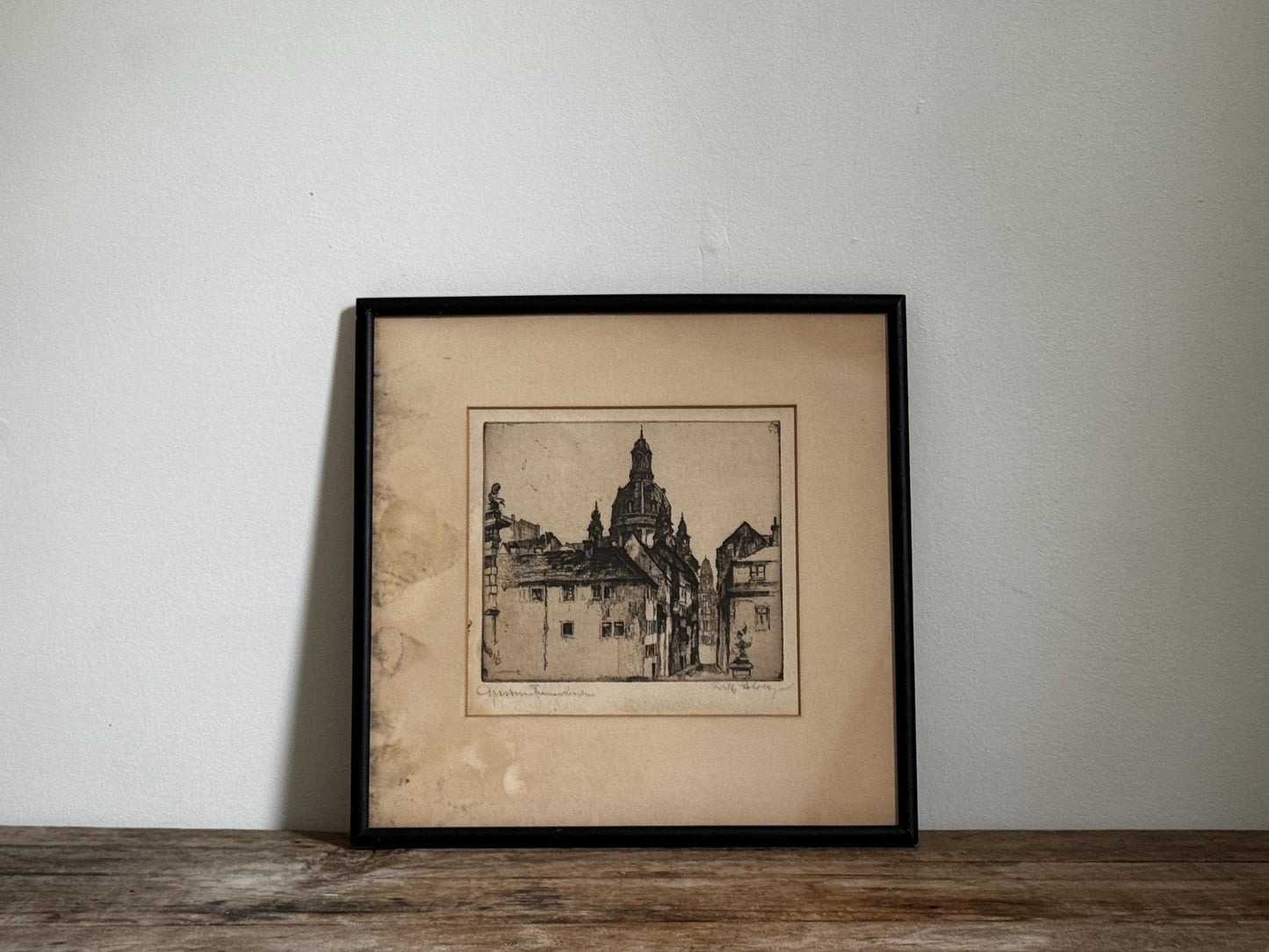 Antique Willy Scholz Etching Print: Dresden Frauenkirche, Pencil Signed Black Frame