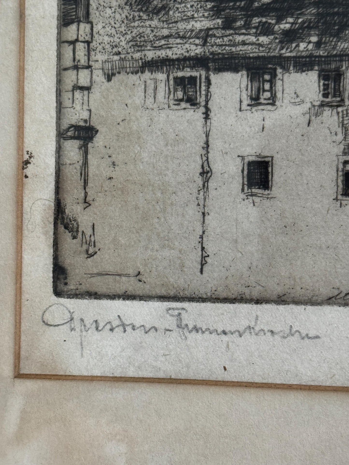 Antique Willy Scholz Etching Print: Dresden Frauenkirche, Pencil Signed Black Frame