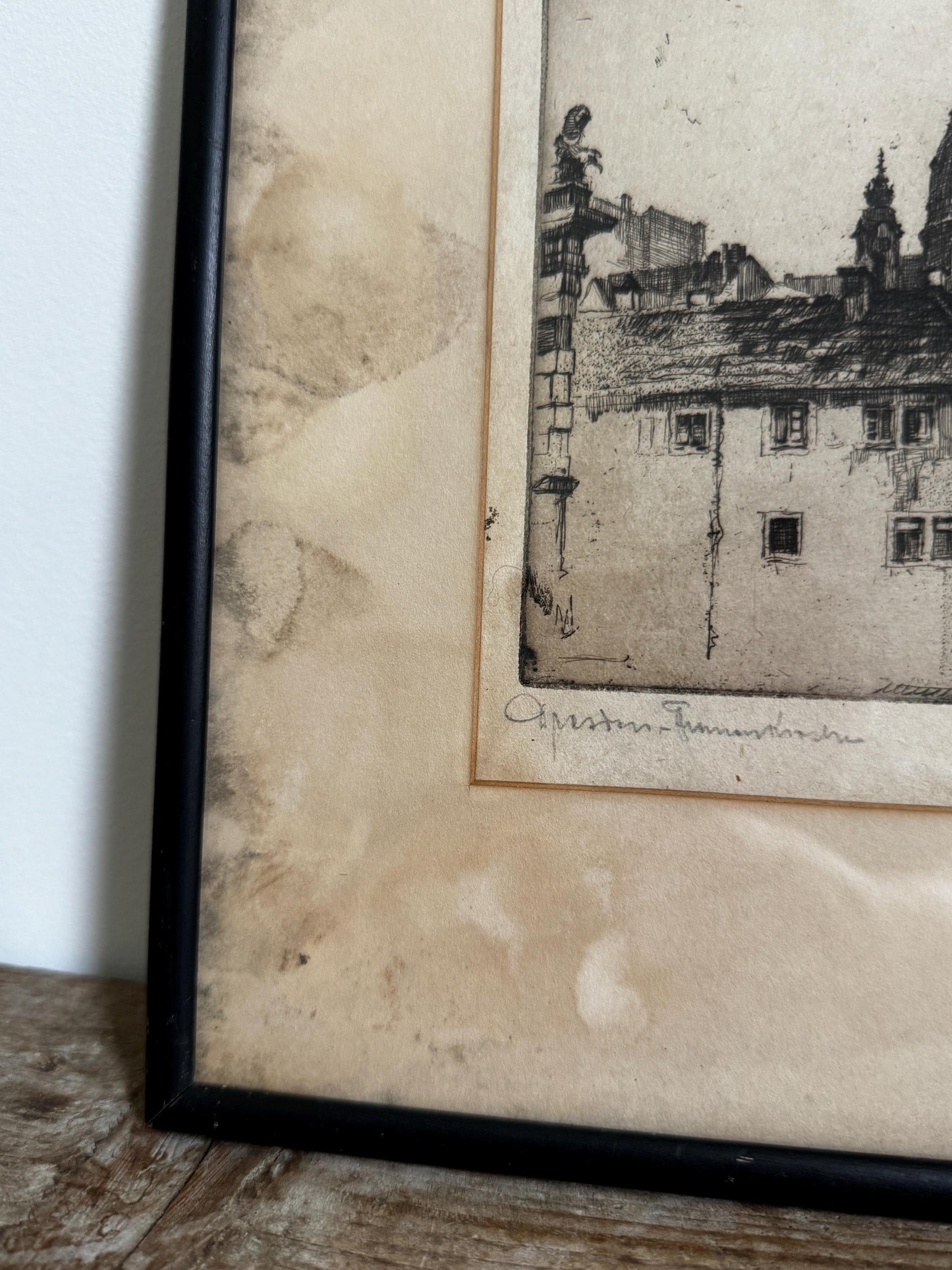 Antique Willy Scholz Etching Print: Dresden Frauenkirche, Pencil Signed Black Frame