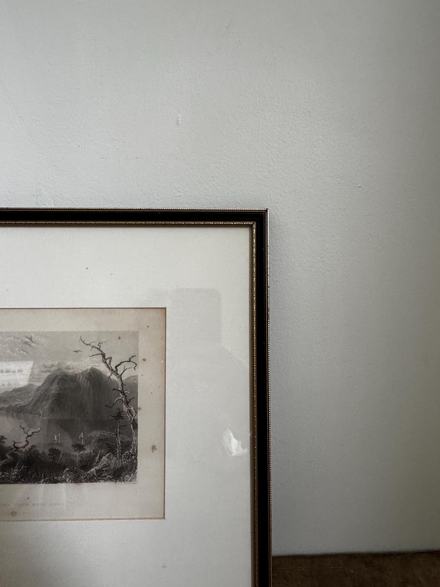 Antique Hudson River Engraving, Framed Black Gold Landscape Art