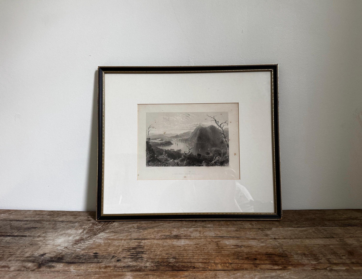 Antique Hudson River Engraving, Framed Black Gold Landscape Art