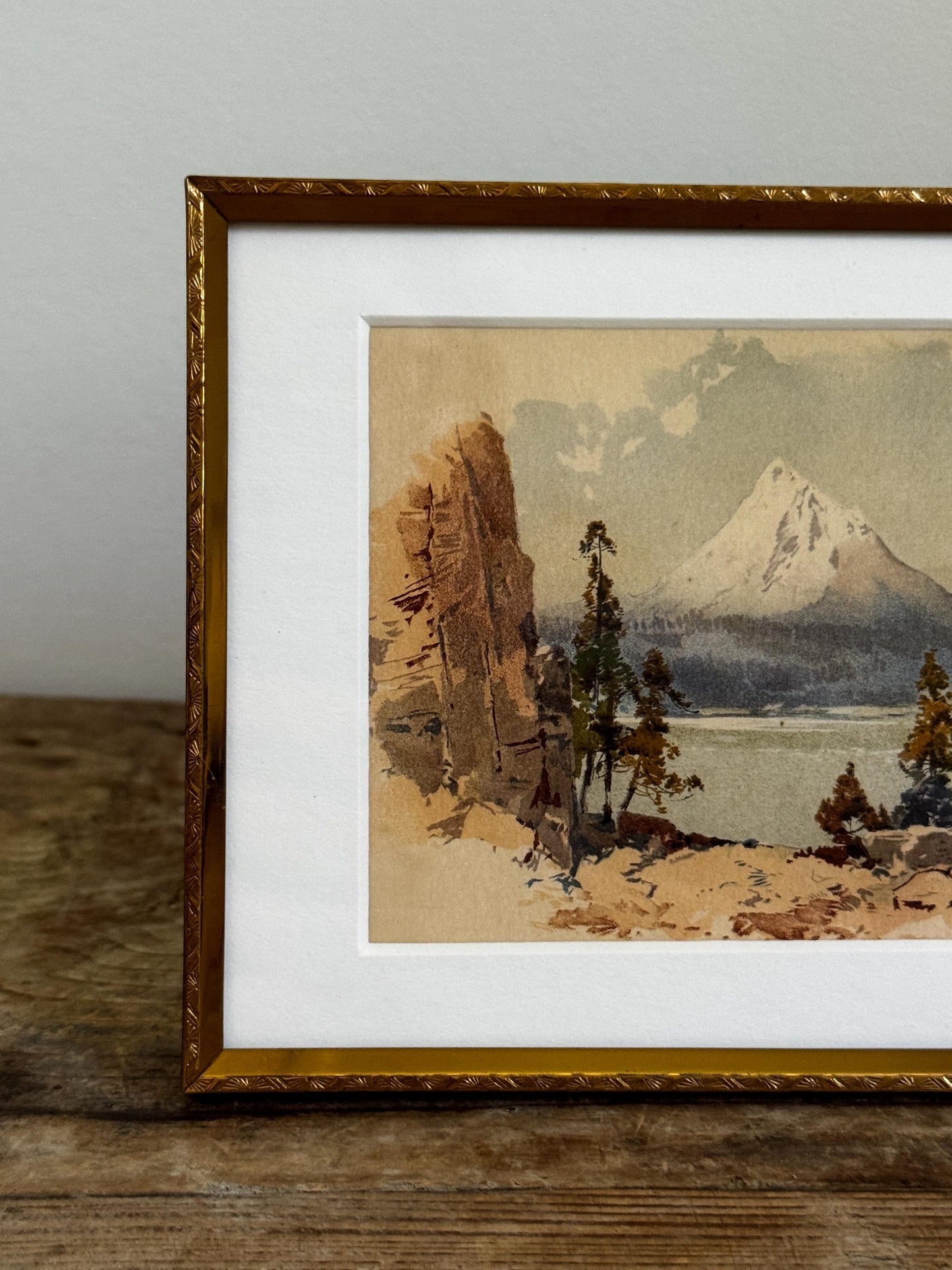 Vintage Gold Toned Metal 5x7" Frame With Matted Giclee Landscape Mountain Print