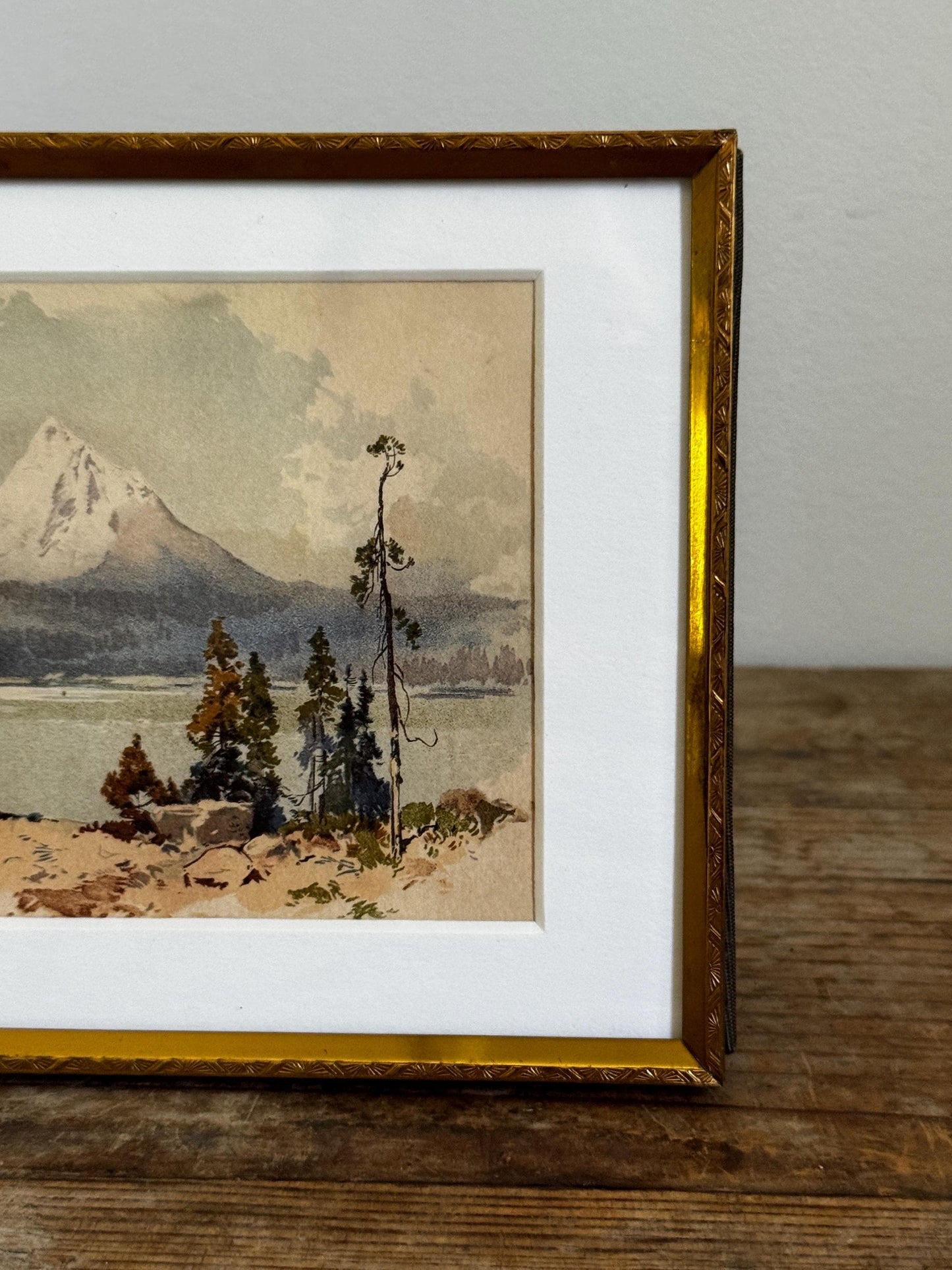 Vintage Gold Toned Metal 5x7" Frame With Matted Giclee Landscape Mountain Print