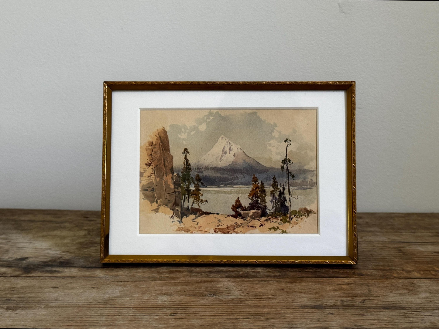 Vintage Gold Toned Metal 5x7" Frame With Matted Giclee Landscape Mountain Print