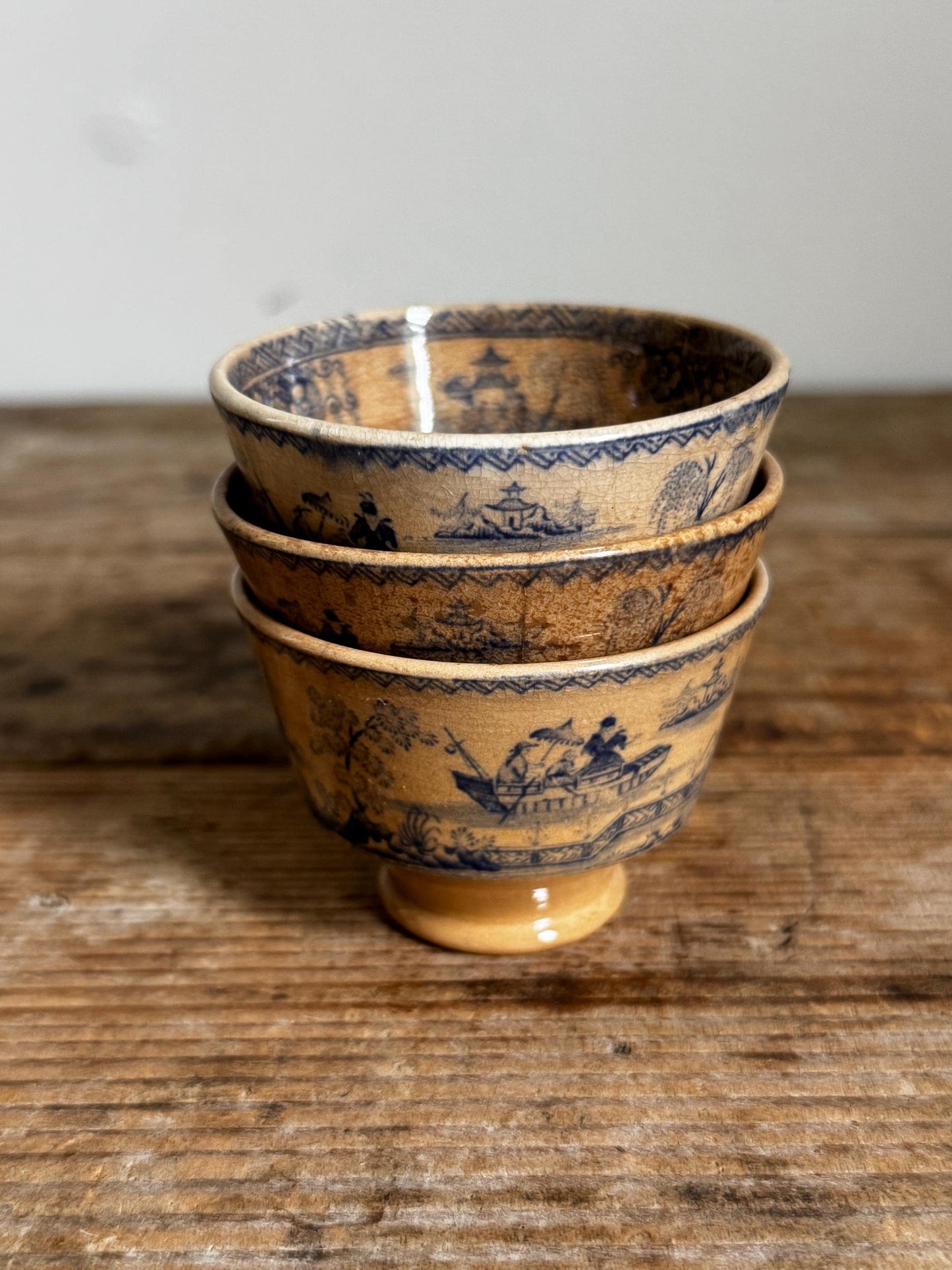 Antique 3 Staffordshire Blue Transferware Footed Tea Bowl Chinoiserie Pagoda Scene English Turkish Market Cup