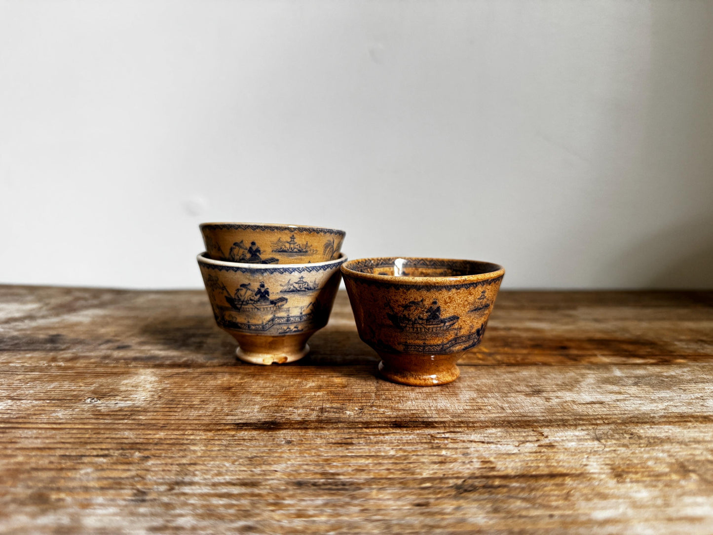 Antique 3 Staffordshire Blue Transferware Footed Tea Bowl Chinoiserie Pagoda Scene English Turkish Market Cup