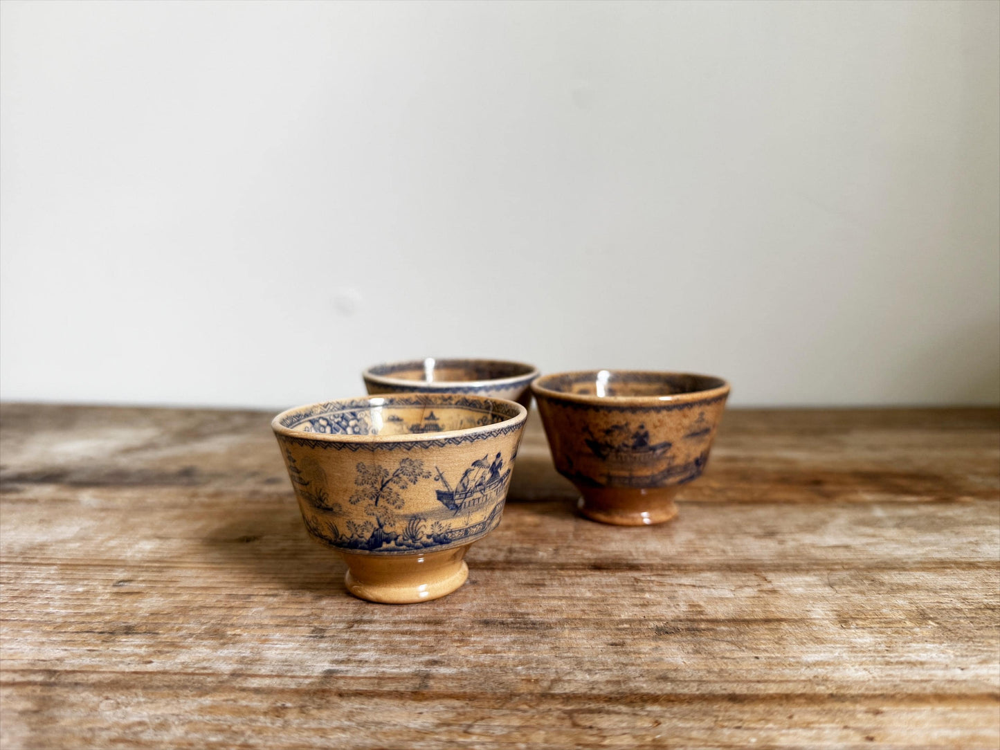 Antique 3 Staffordshire Blue Transferware Footed Tea Bowl Chinoiserie Pagoda Scene English Turkish Market Cup