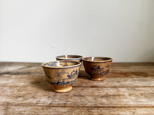 Antique 3 Staffordshire Blue Transferware Footed Tea Bowl Chinoiserie Pagoda Scene English Turkish Market Cup