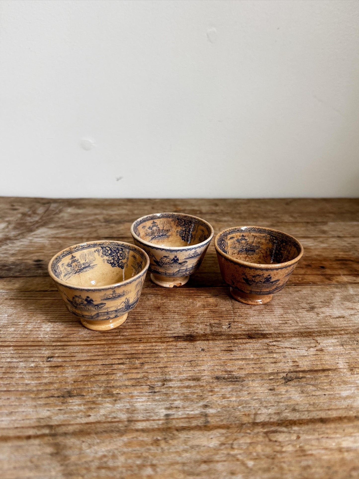 Antique 3 Staffordshire Blue Transferware Footed Tea Bowl Chinoiserie Pagoda Scene English Turkish Market Cup