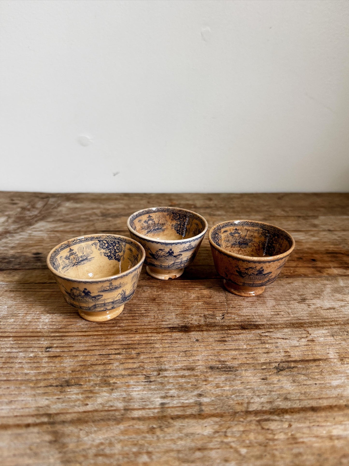 Antique 3 Staffordshire Blue Transferware Footed Tea Bowl Chinoiserie Pagoda Scene English Turkish Market Cup
