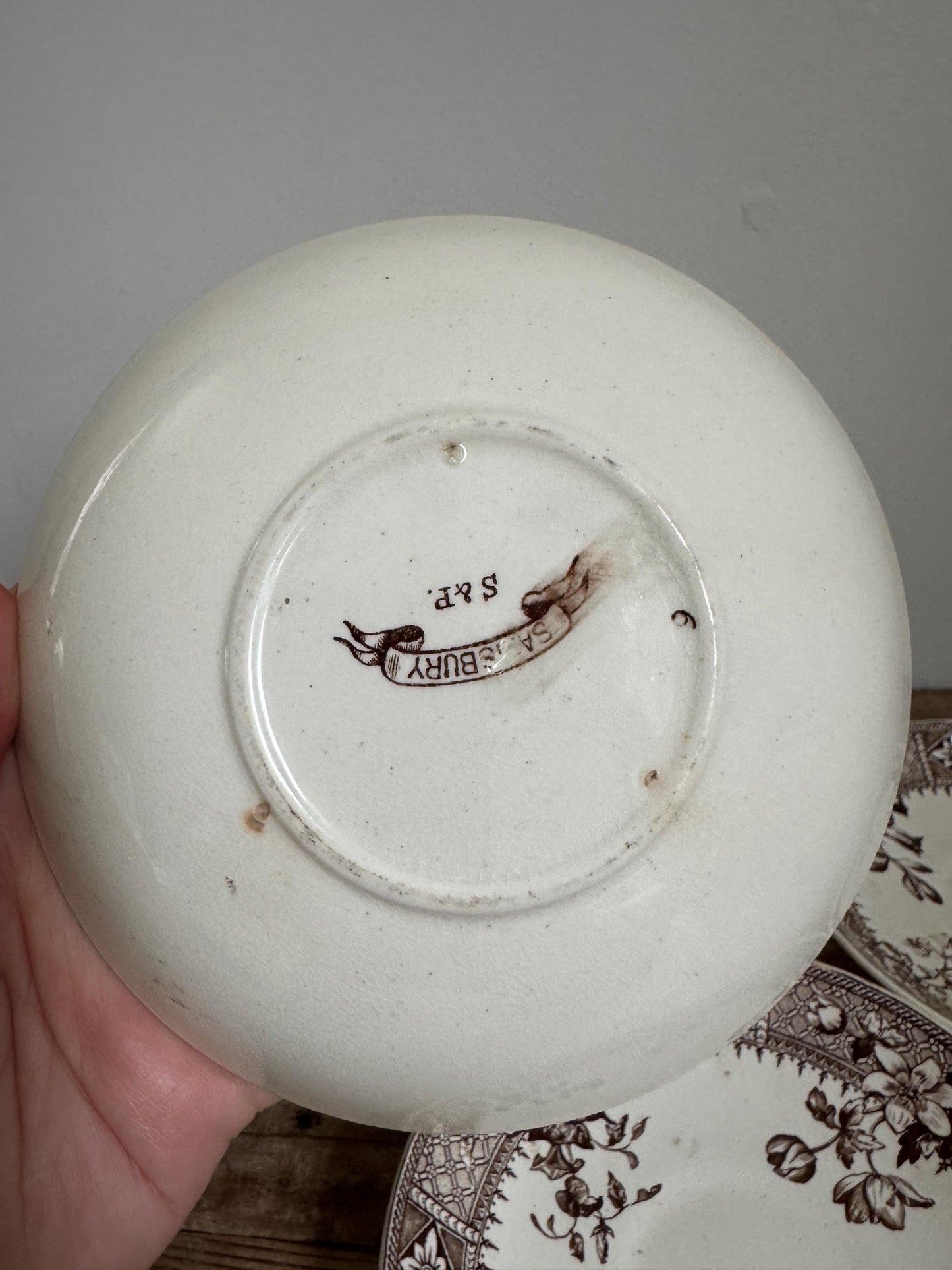 Set of 4 S&P Antique Staffordshire Brown Transferware Saucers, “Salisbury” Pattern 5.75 England