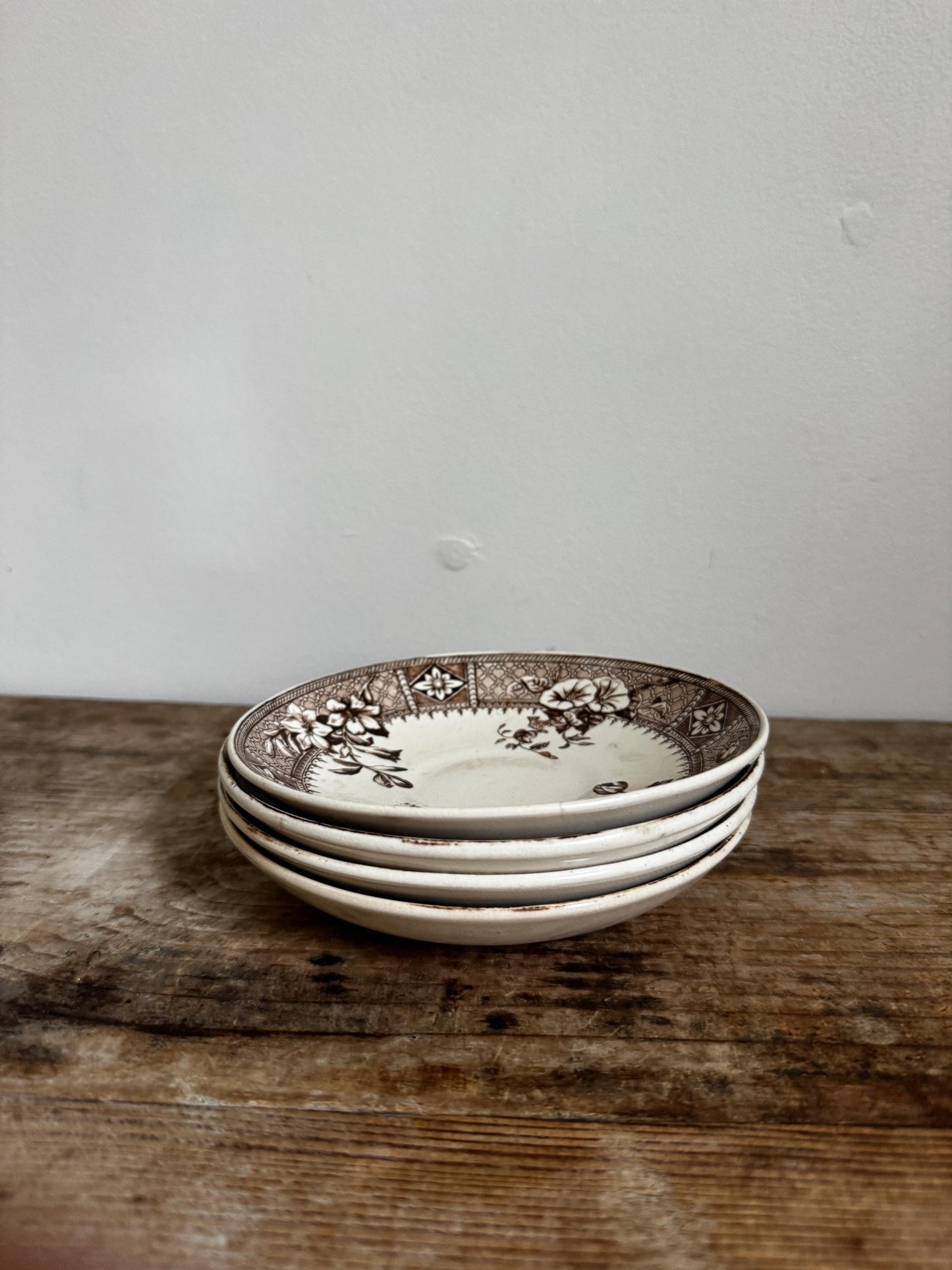 Set of 4 S&P Antique Staffordshire Brown Transferware Saucers, “Salisbury” Pattern 5.75 England