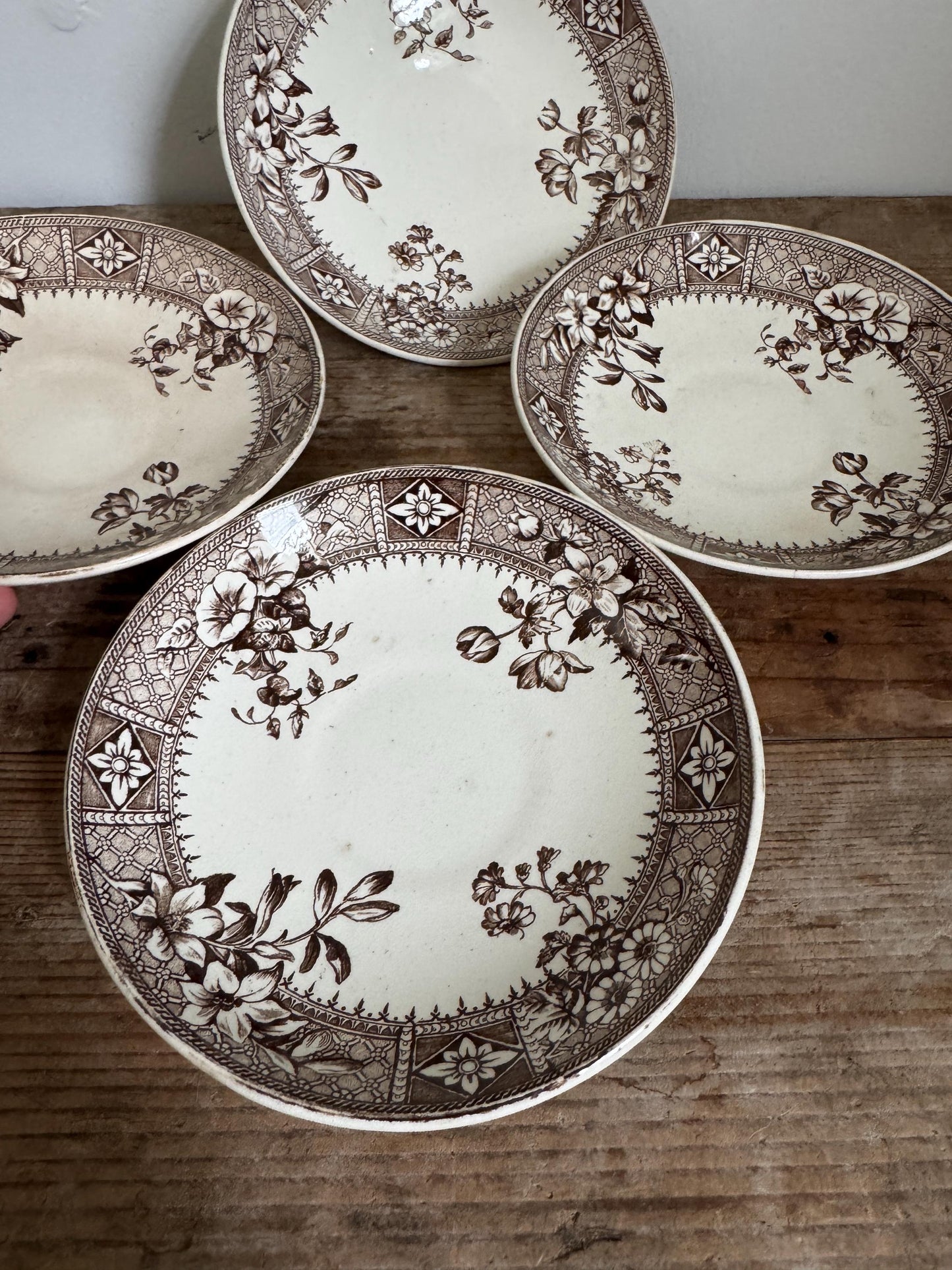Set of 4 S&P Antique Staffordshire Brown Transferware Saucers, “Salisbury” Pattern 5.75 England