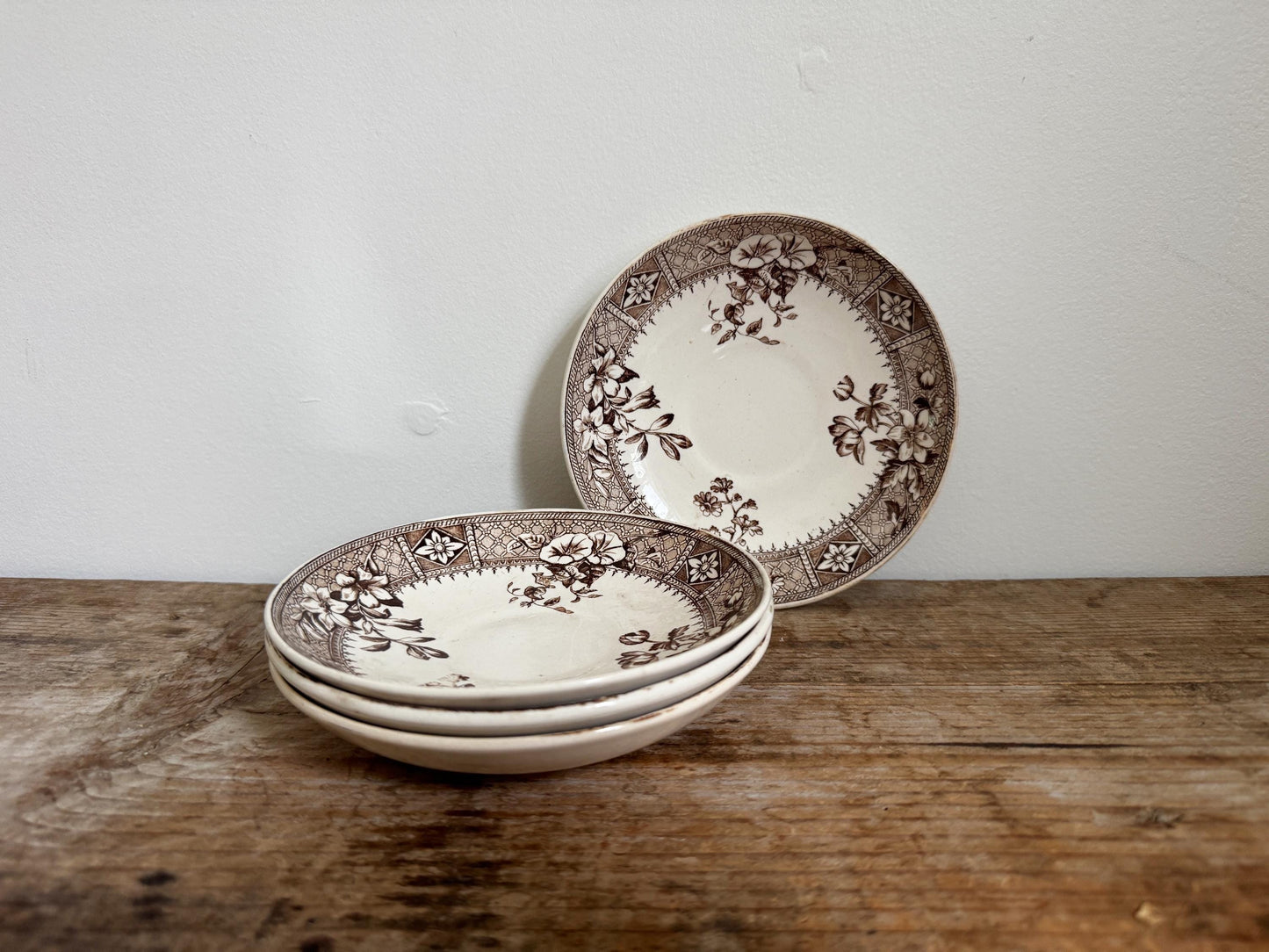 Set of 4 S&P Antique Staffordshire Brown Transferware Saucers, “Salisbury” Pattern 5.75 England