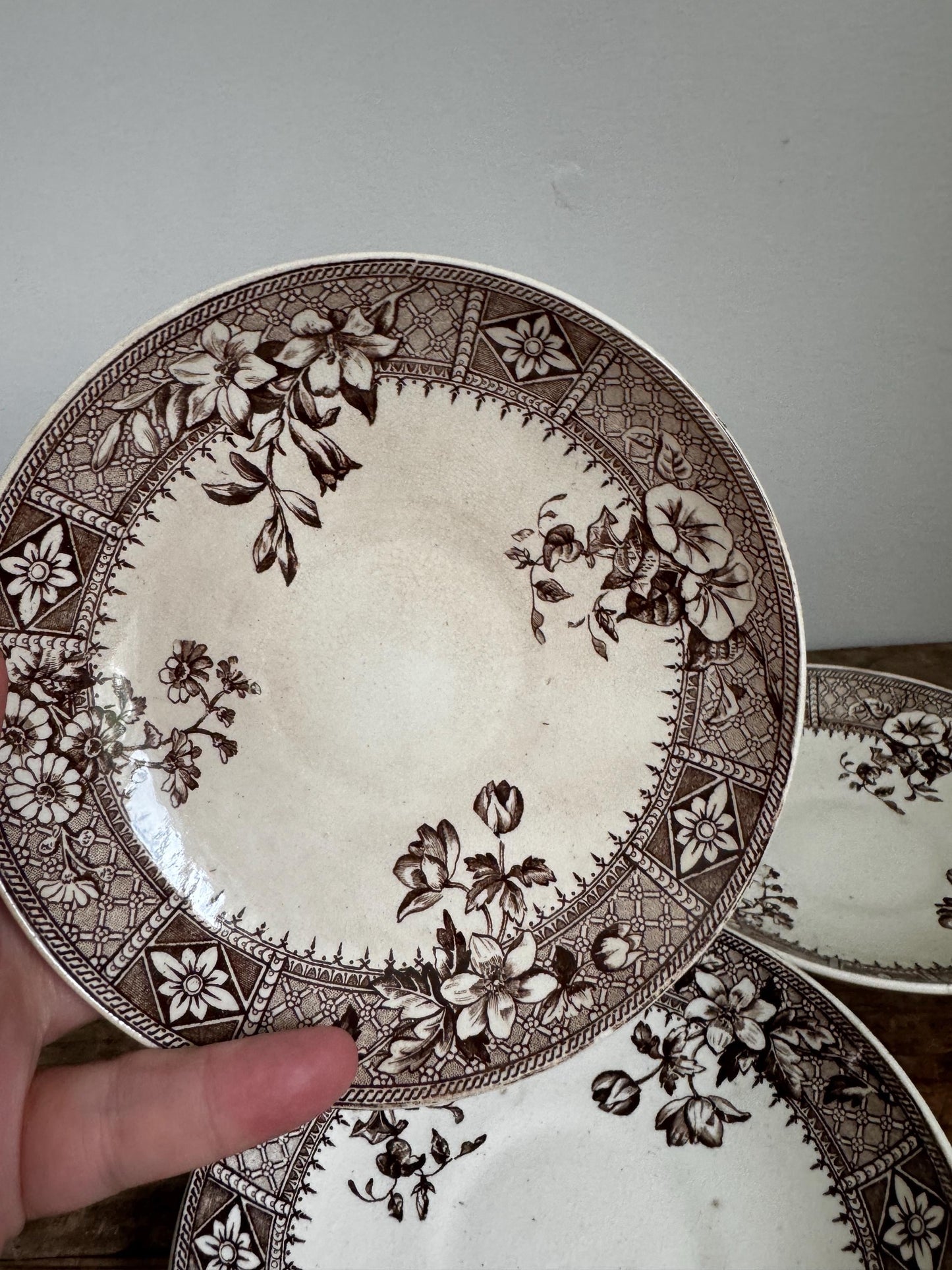 Set of 4 S&P Antique Staffordshire Brown Transferware Saucers, “Salisbury” Pattern 5.75 England