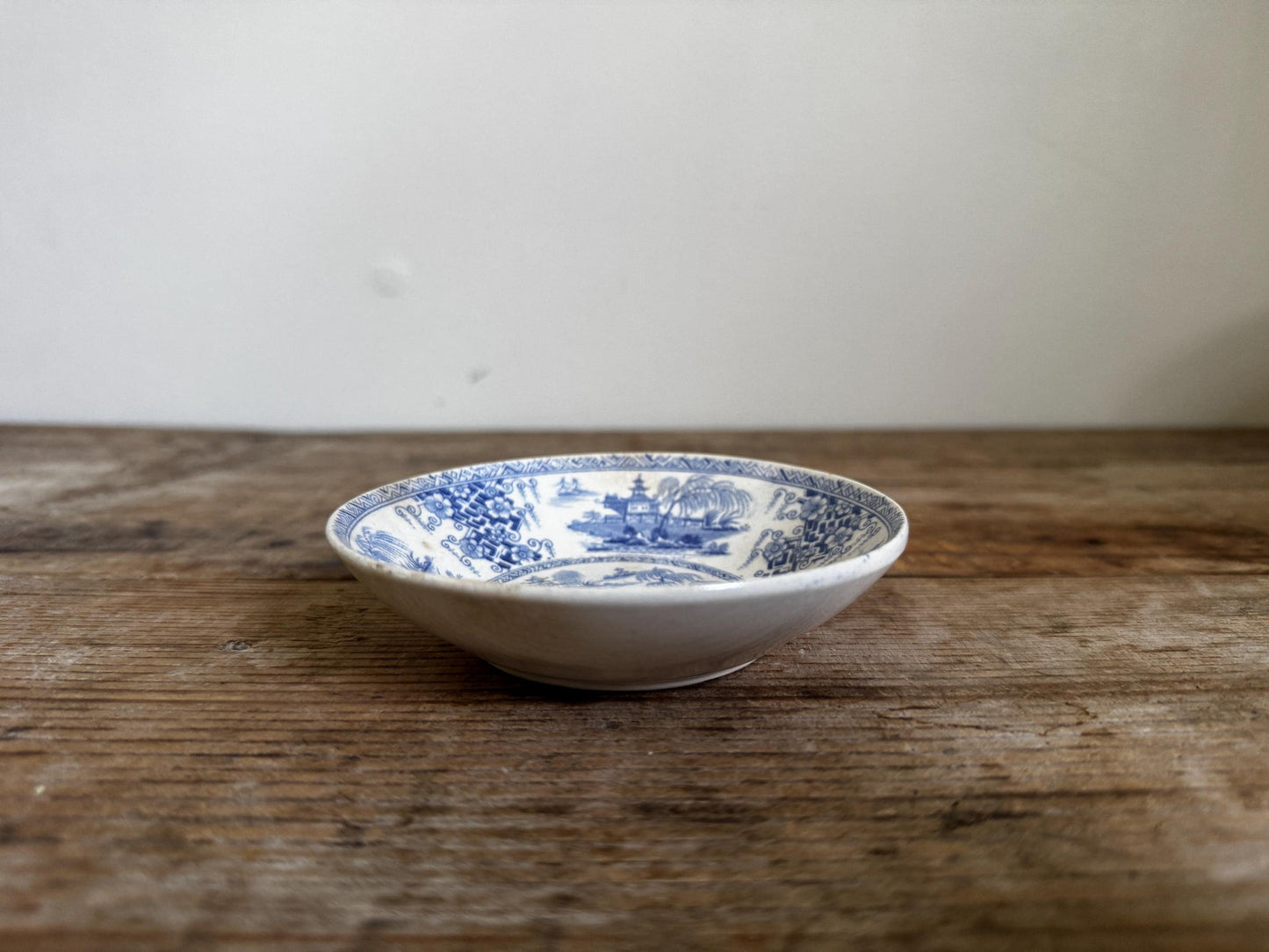 Antique Staffordshire Blue Transferware Mini Saucer Bowl Chinoiserie Pagoda Scene English