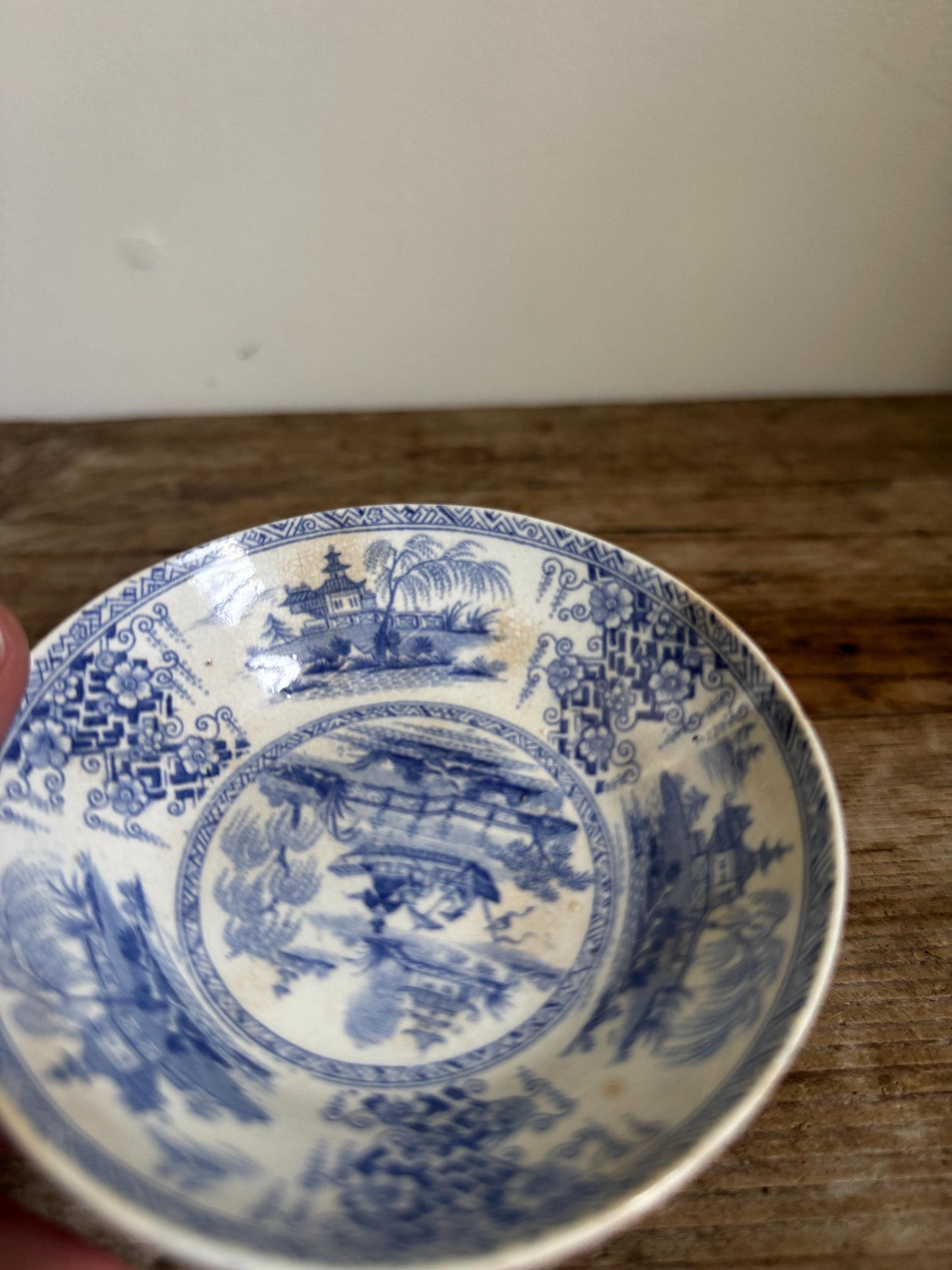 Antique Staffordshire Blue Transferware Mini Saucer Bowl Chinoiserie Pagoda Scene English