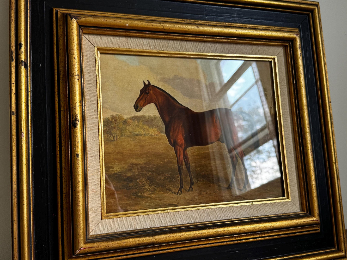Framed Vintage Black Gold Frame Horse Equestian Giclee Print Wall Art 15.5x17.5